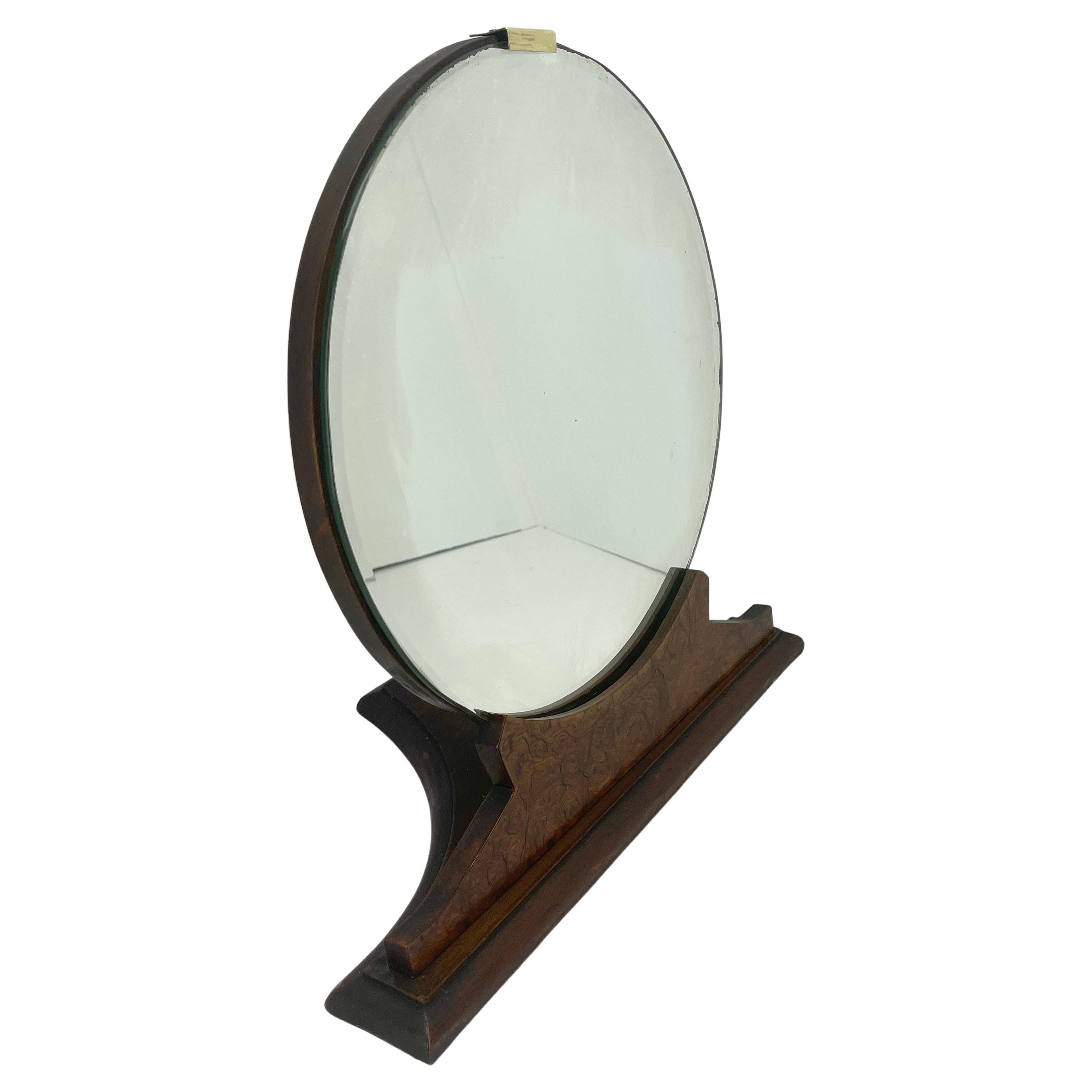 Art Deco Round American 1930's Burlwood Vanity Table Mirror For Sale