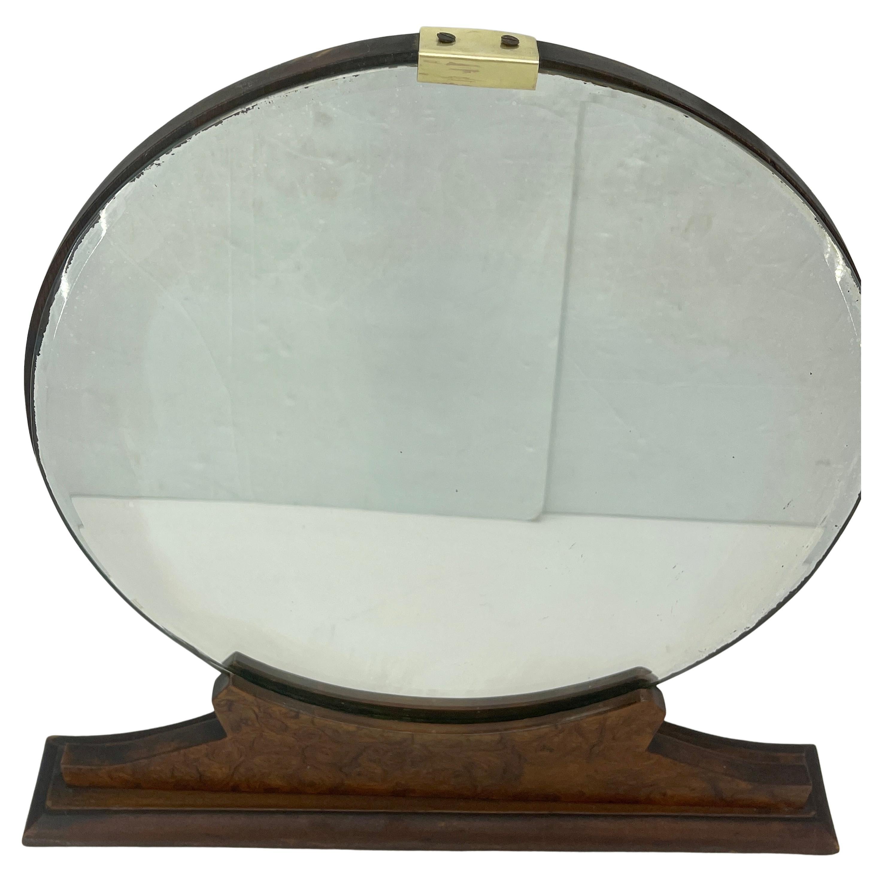 French Round American 1930's Burlwood Vanity Table Mirror For Sale