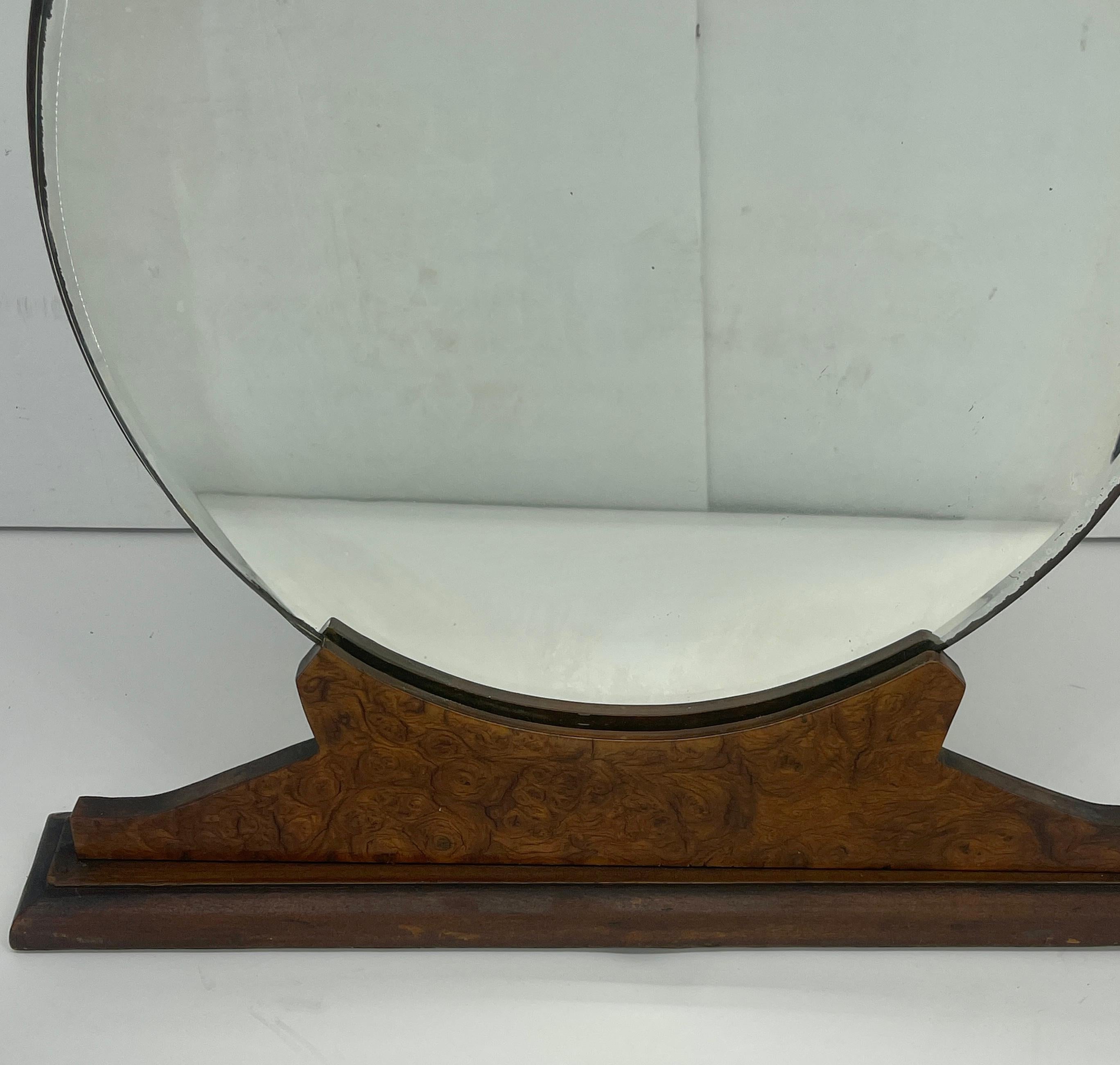 Hand-Crafted Round American 1930's Burlwood Vanity Table Mirror For Sale