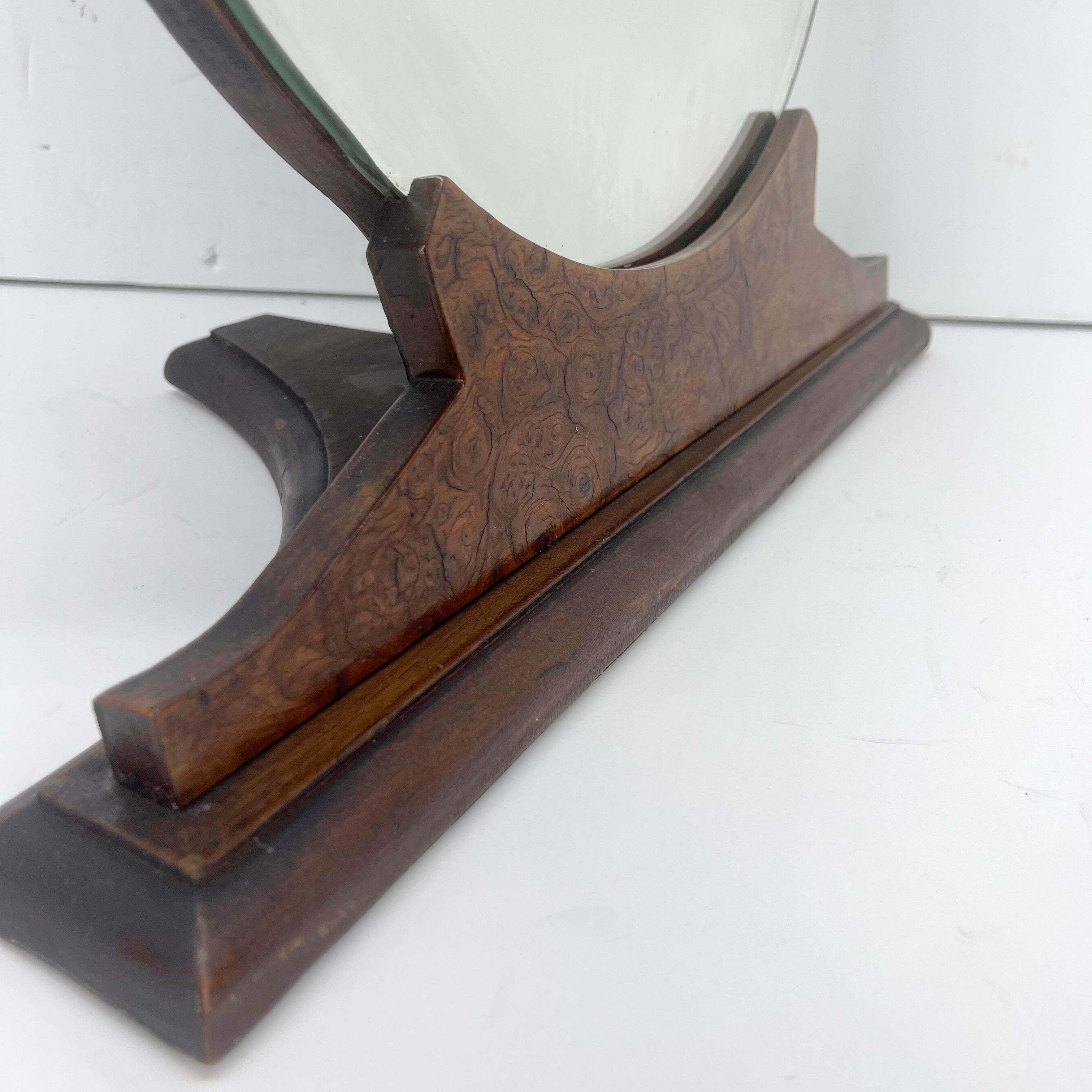 Round American 1930's Burlwood Vanity Table Mirror In Good Condition For Sale In Haddonfield, NJ