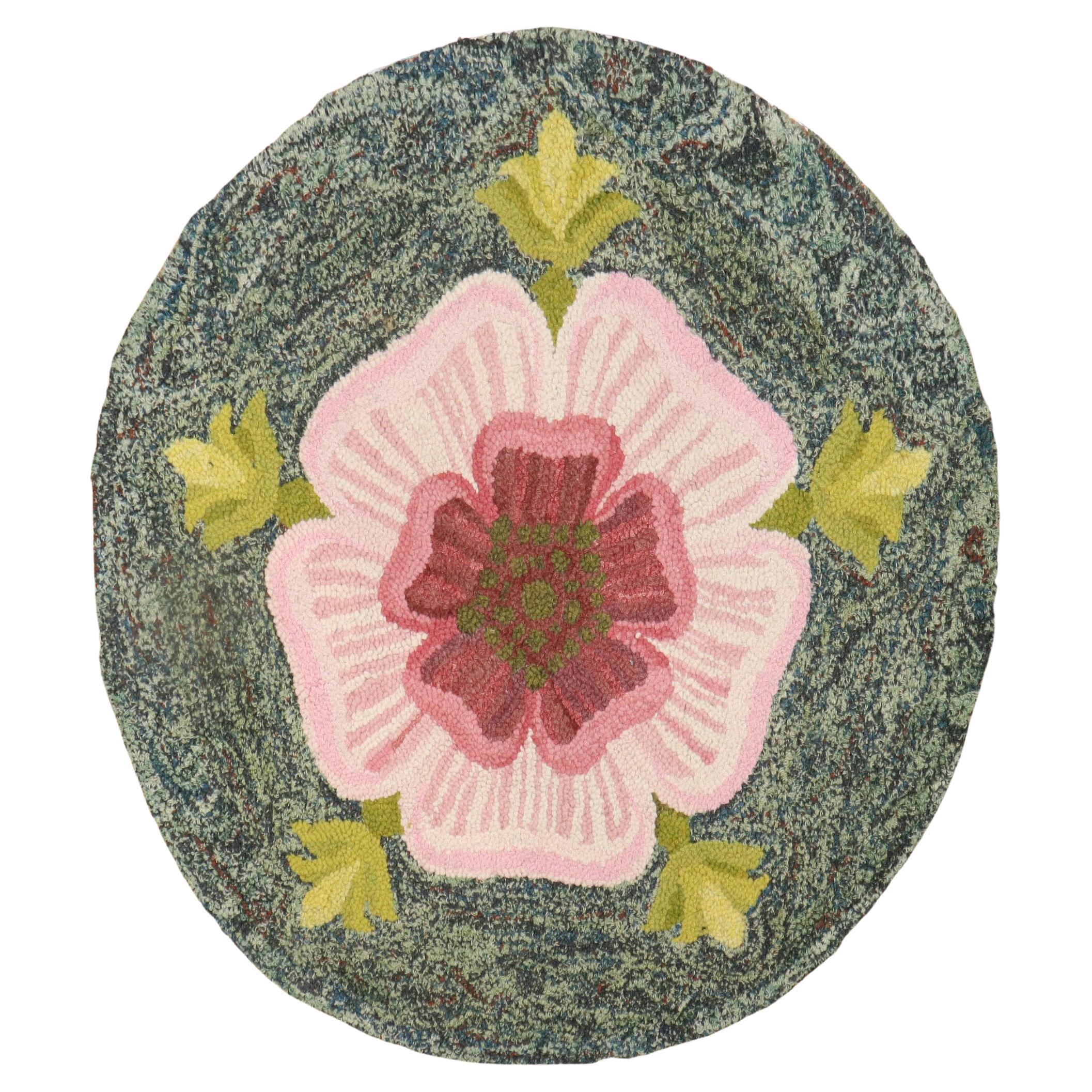 Round American Hooked Floral Rug For Sale
