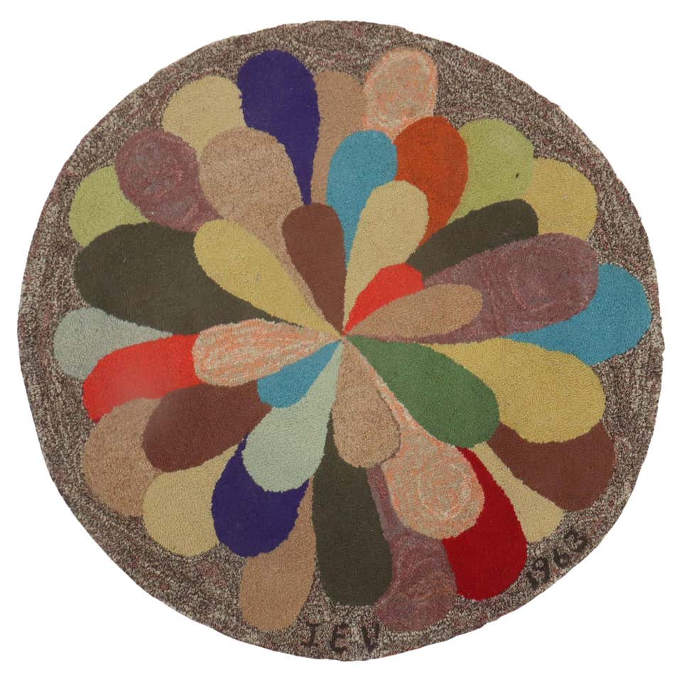 Round American Hooked Rug Dated 1963 For Sale at 1stDibs