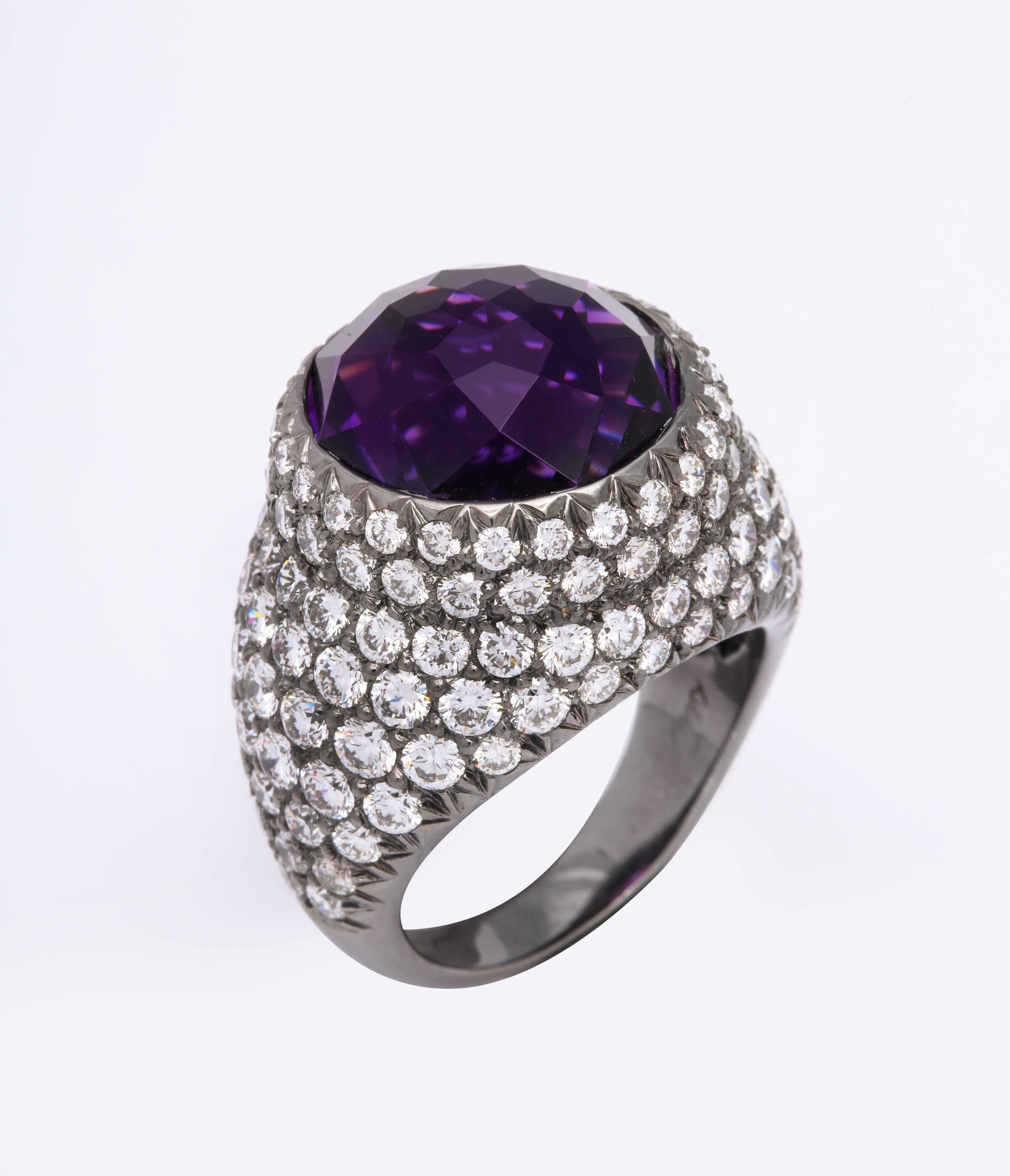 Contemporary Round Amethyst and Pave Diamond Cocktail Ring For Sale