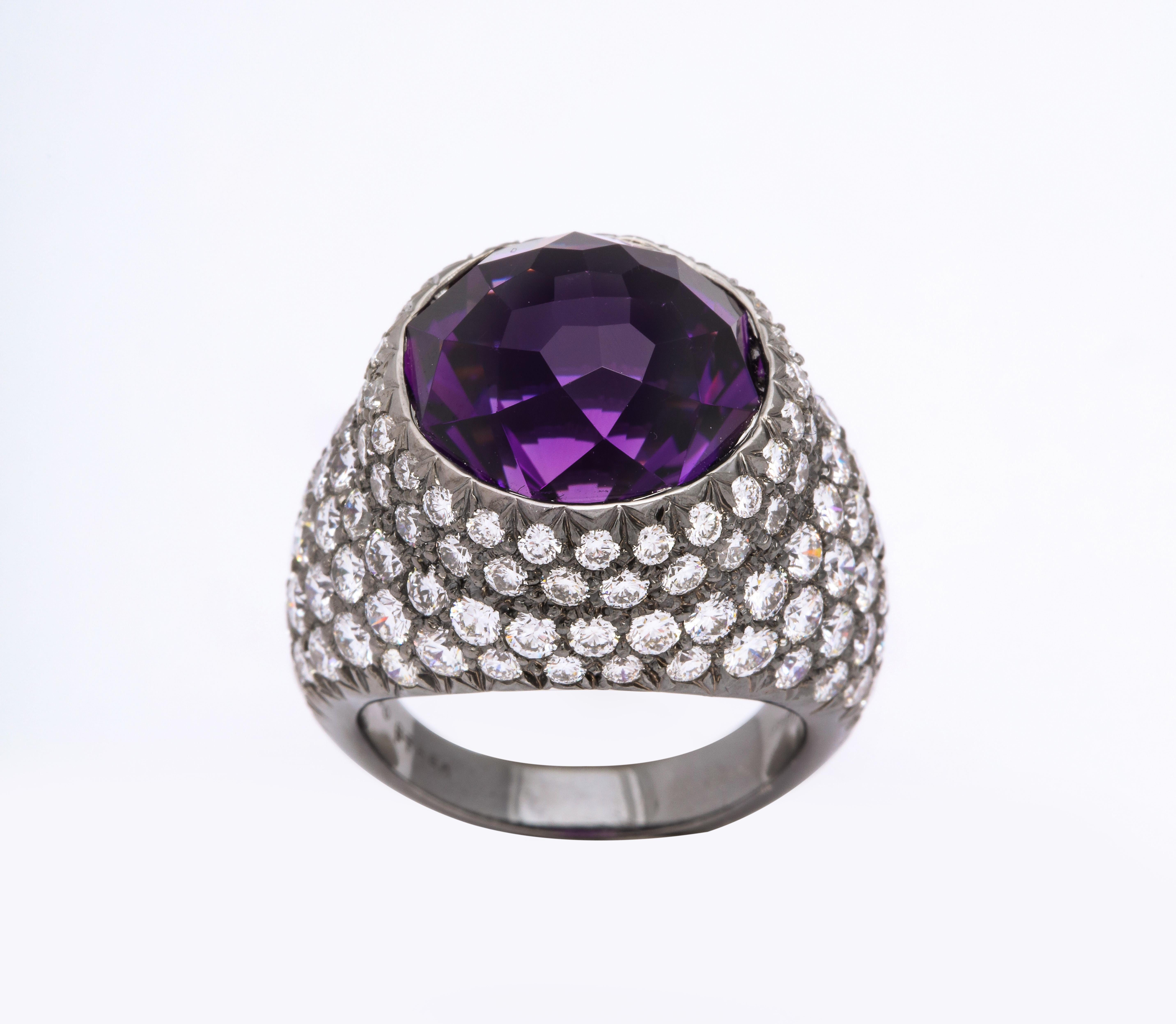 Round Cut Round Amethyst and Pave Diamond Cocktail Ring For Sale
