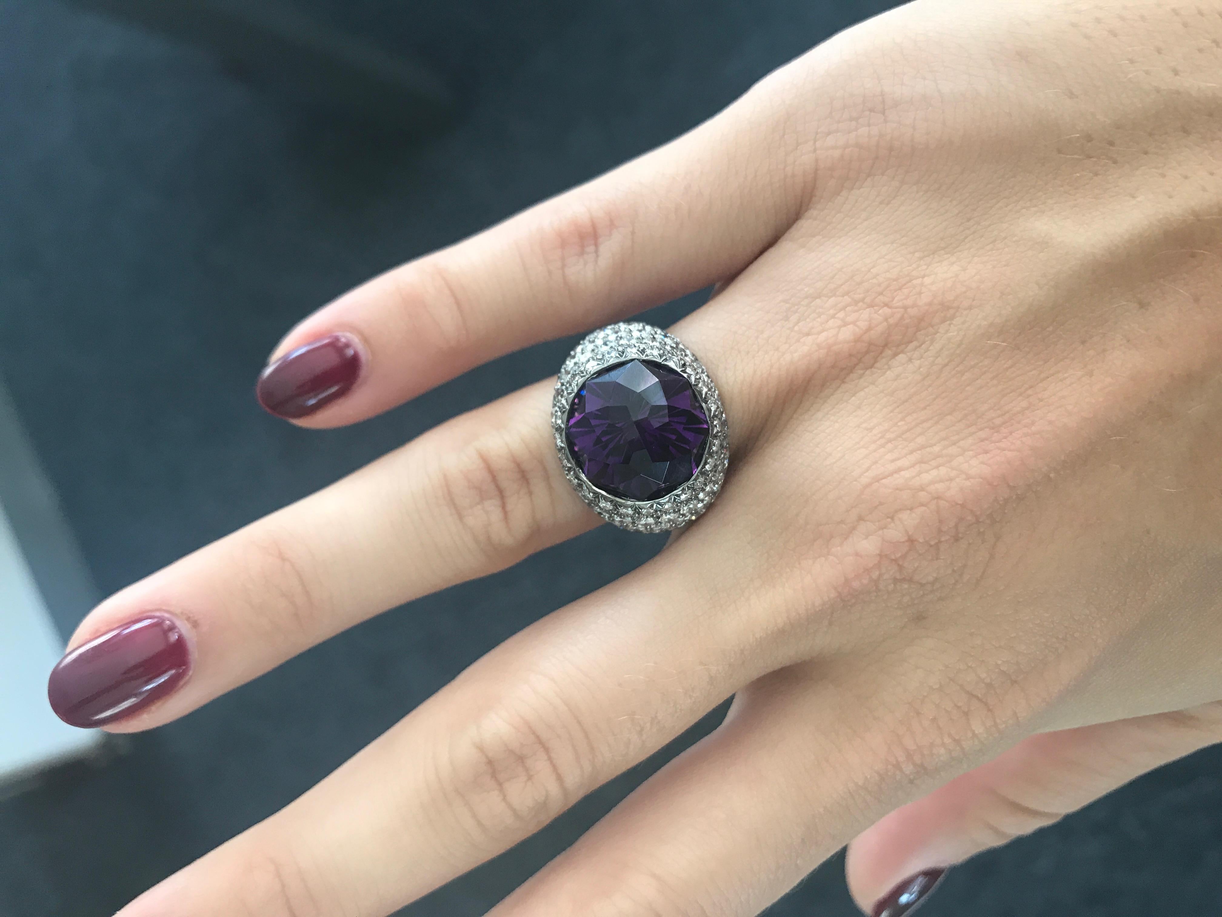 Women's or Men's Round Amethyst and Pave Diamond Cocktail Ring For Sale