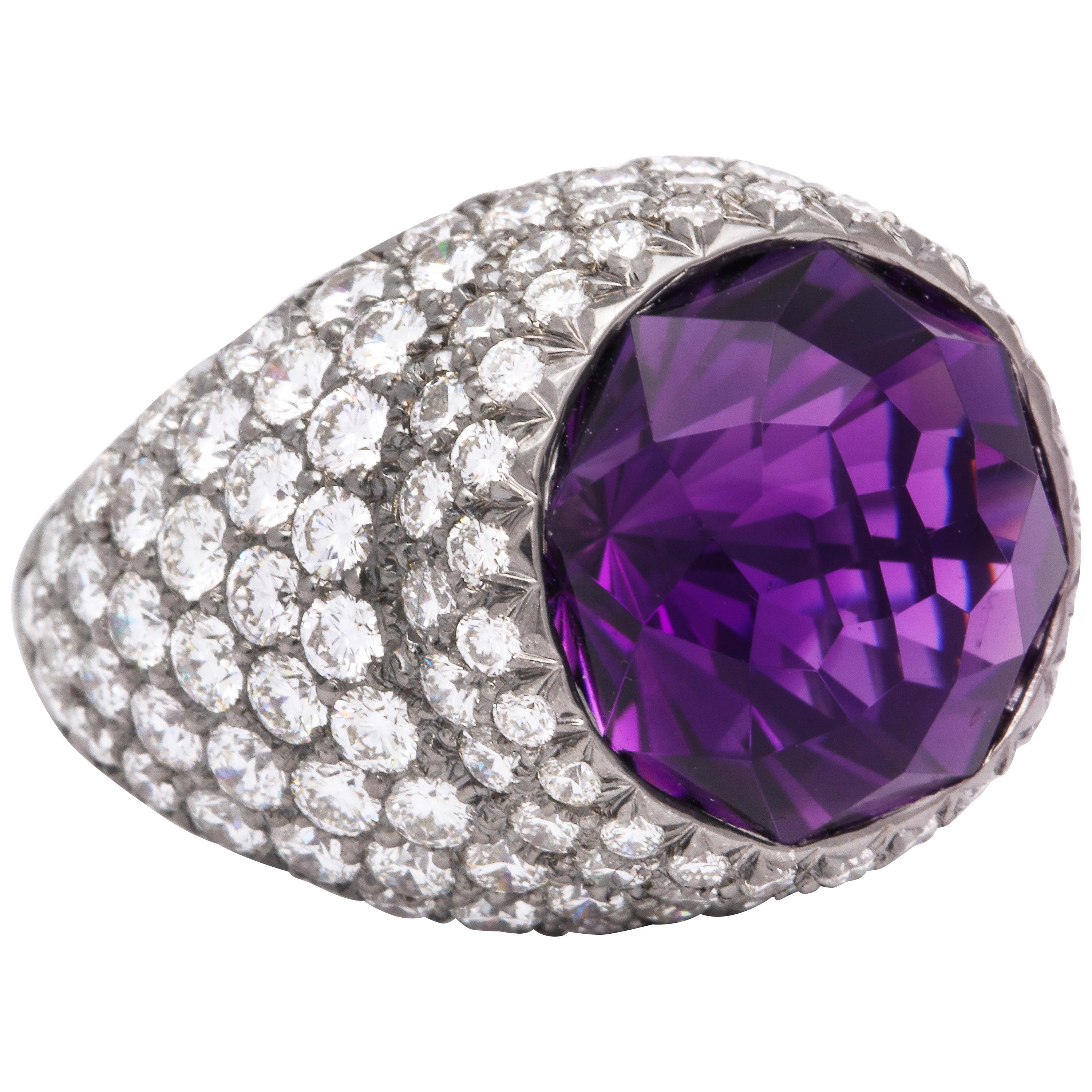 Round Amethyst and Pave Diamond Cocktail Ring For Sale