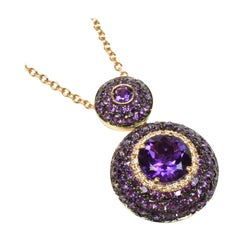 Used Round Amethyst and Diamonds Gold Round Pendant Made in Italy