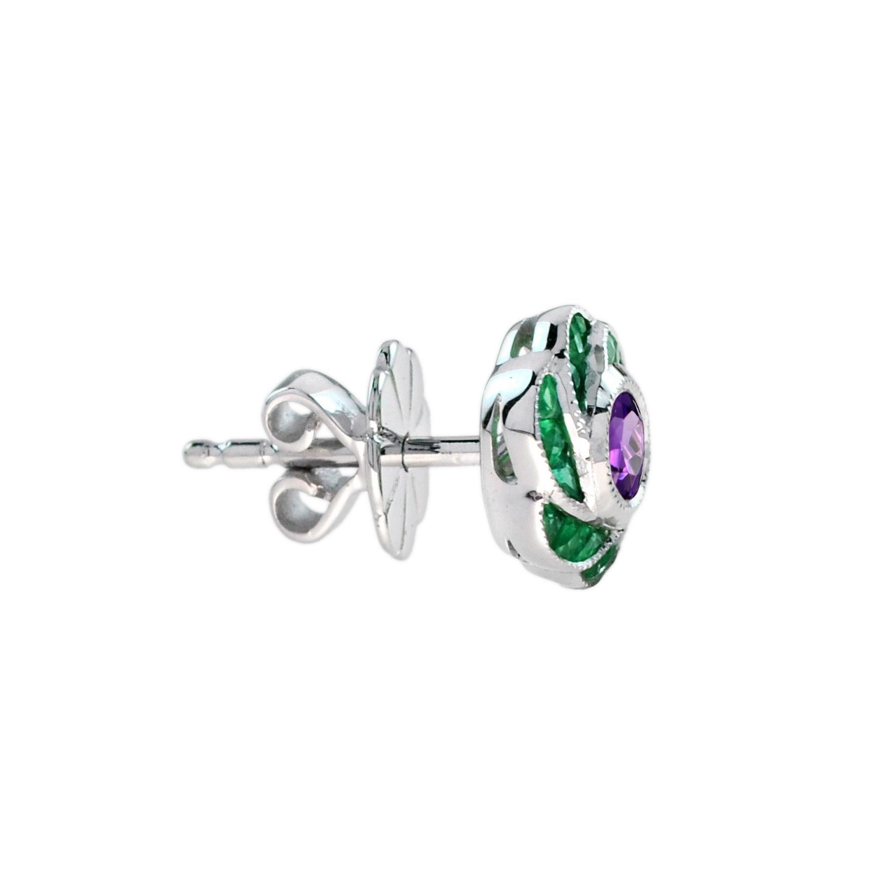 Perfect with everyday wear, these charming vintage Art Deco revivalist design stud earrings feature a pair of amethyst surrounded by French cut emerald for rose petals finished look all in 18K white gold.

Information
Style: Art-deco
Metal: 18K