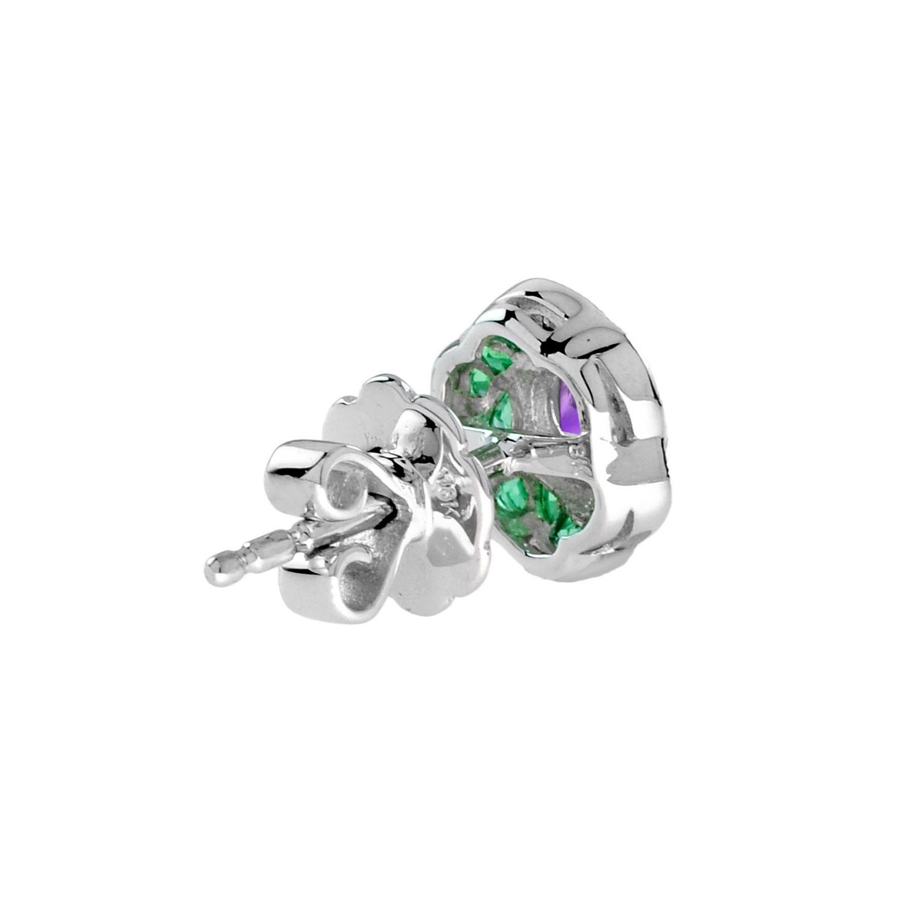 Art Deco Round Amethyst and Emerald Floral Stud Earrings in 18K White Gold For Sale