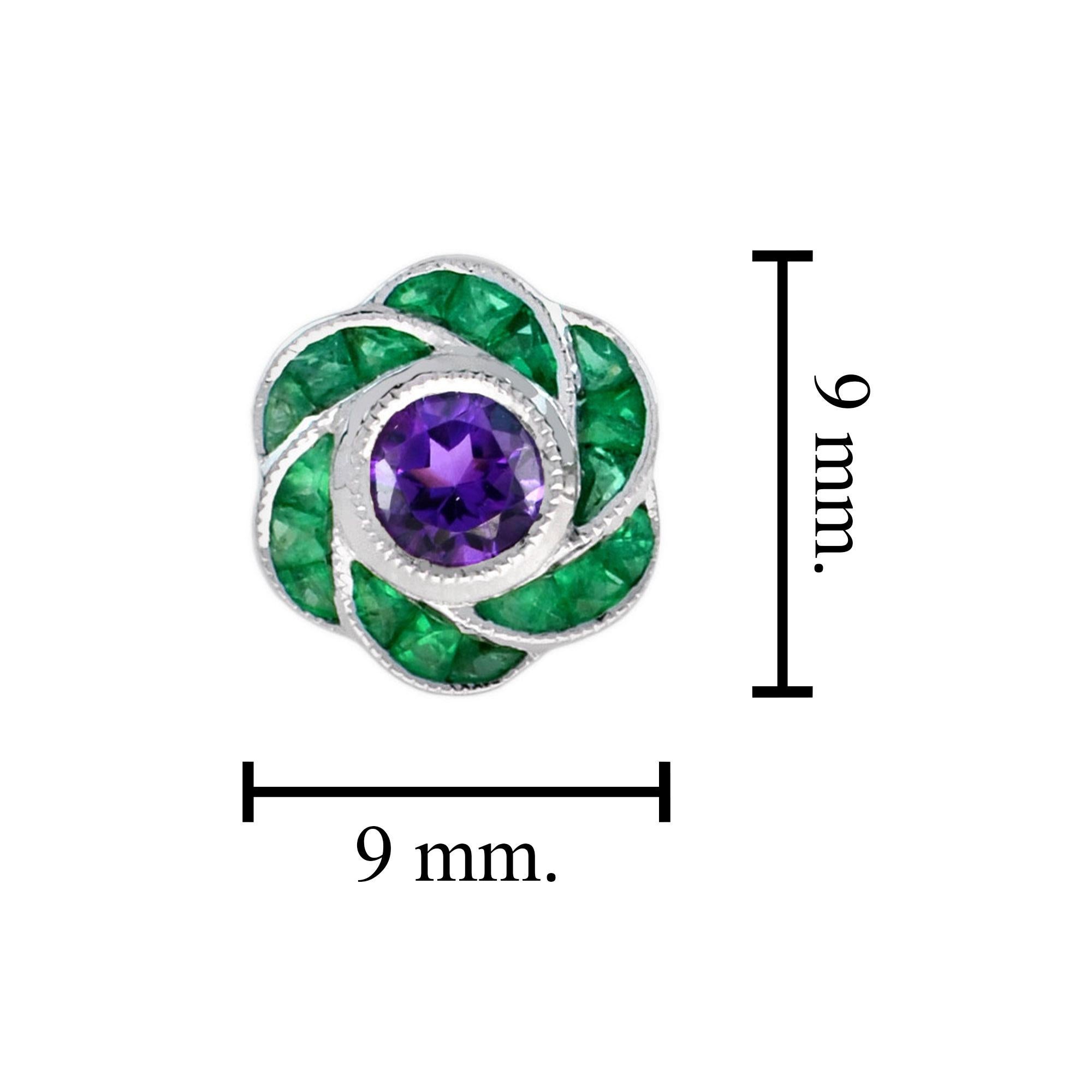 Round Cut Round Amethyst and Emerald Floral Stud Earrings in 18K White Gold For Sale