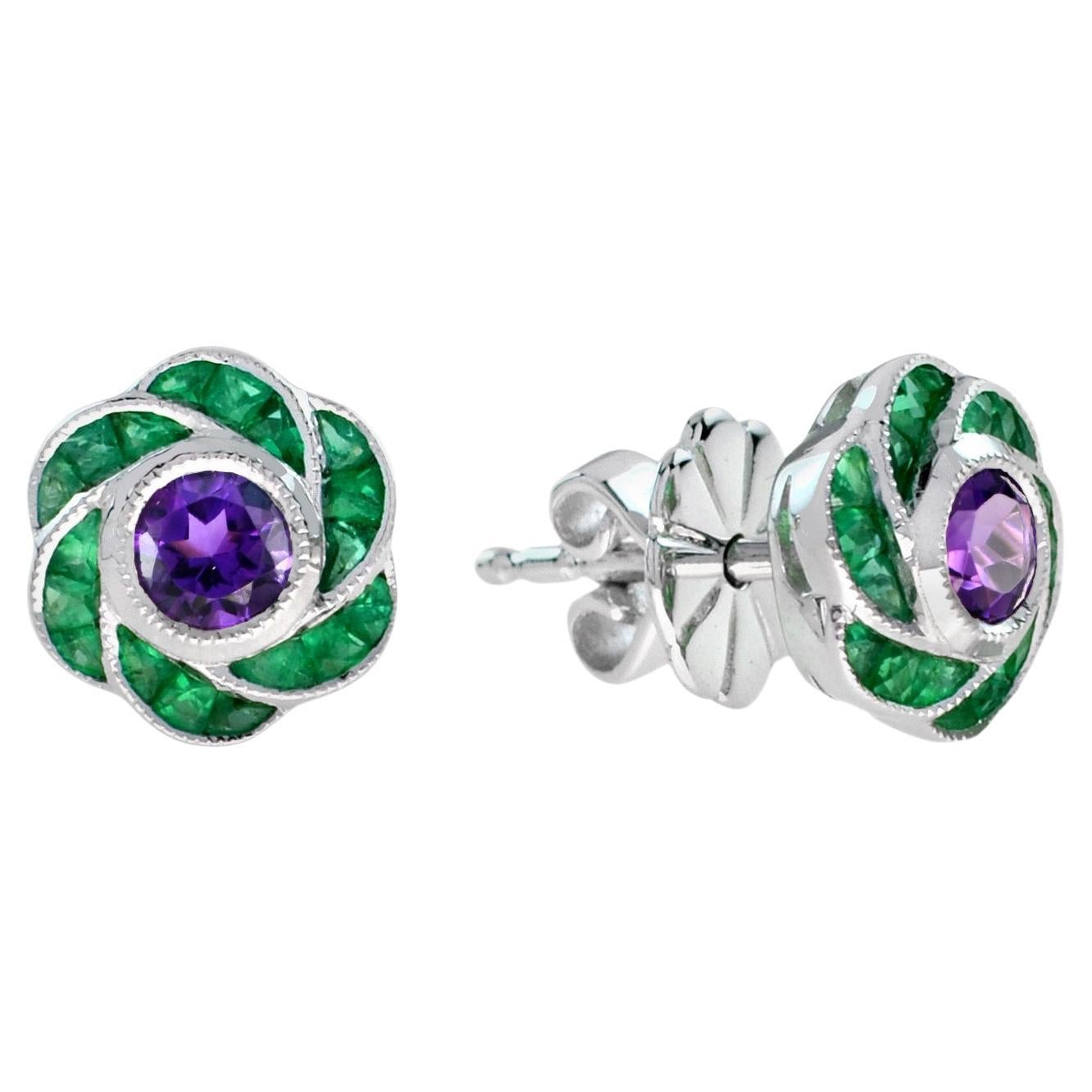 Round Amethyst and Emerald Floral Stud Earrings in 18K White Gold For Sale