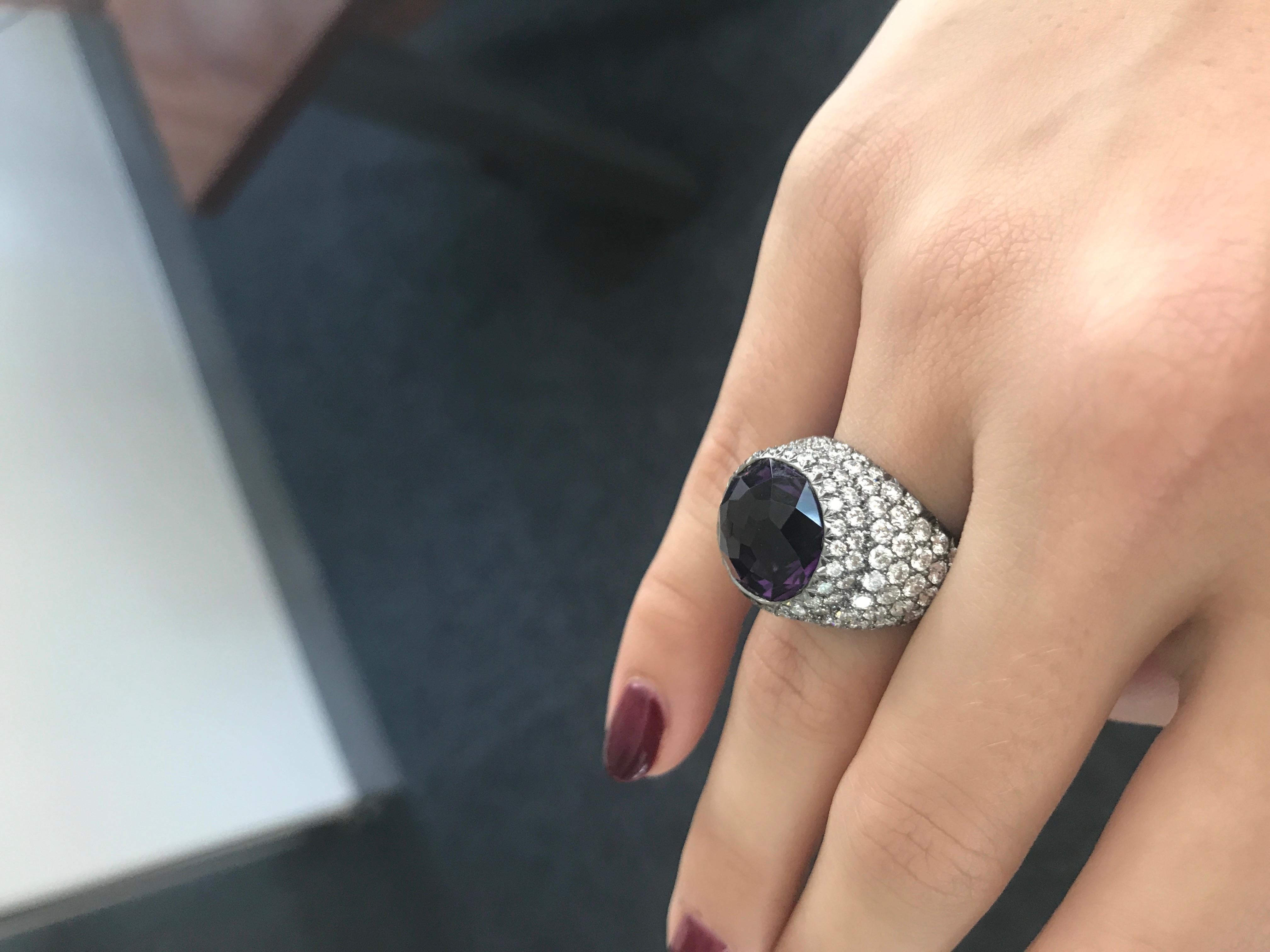 Round Amethyst and Pave Diamond Cocktail Ring For Sale 1