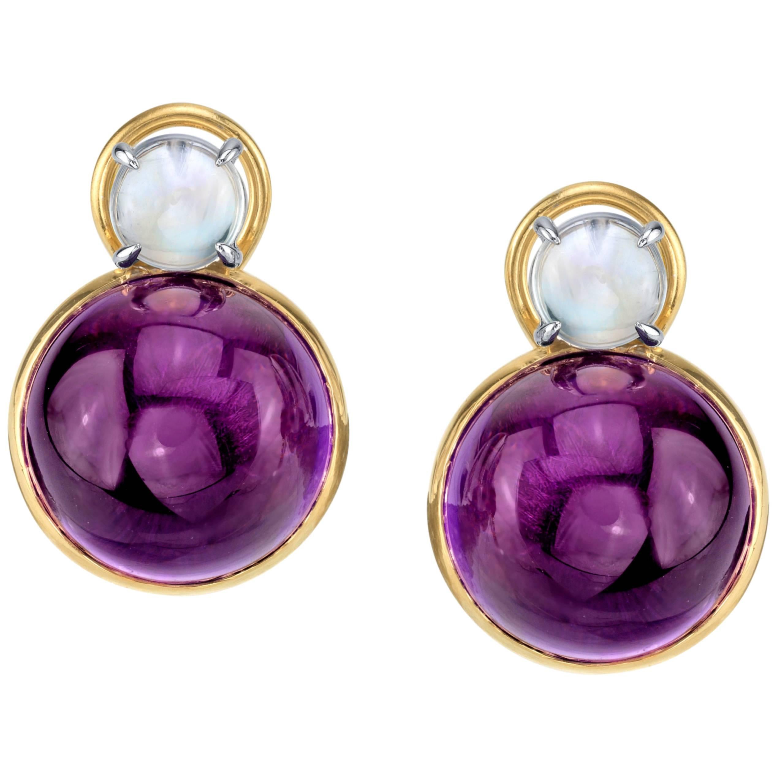 40.75 ct. t.w. Amethyst Cabochon, Moonstone 18k Yellow Gold French Clip Earrings