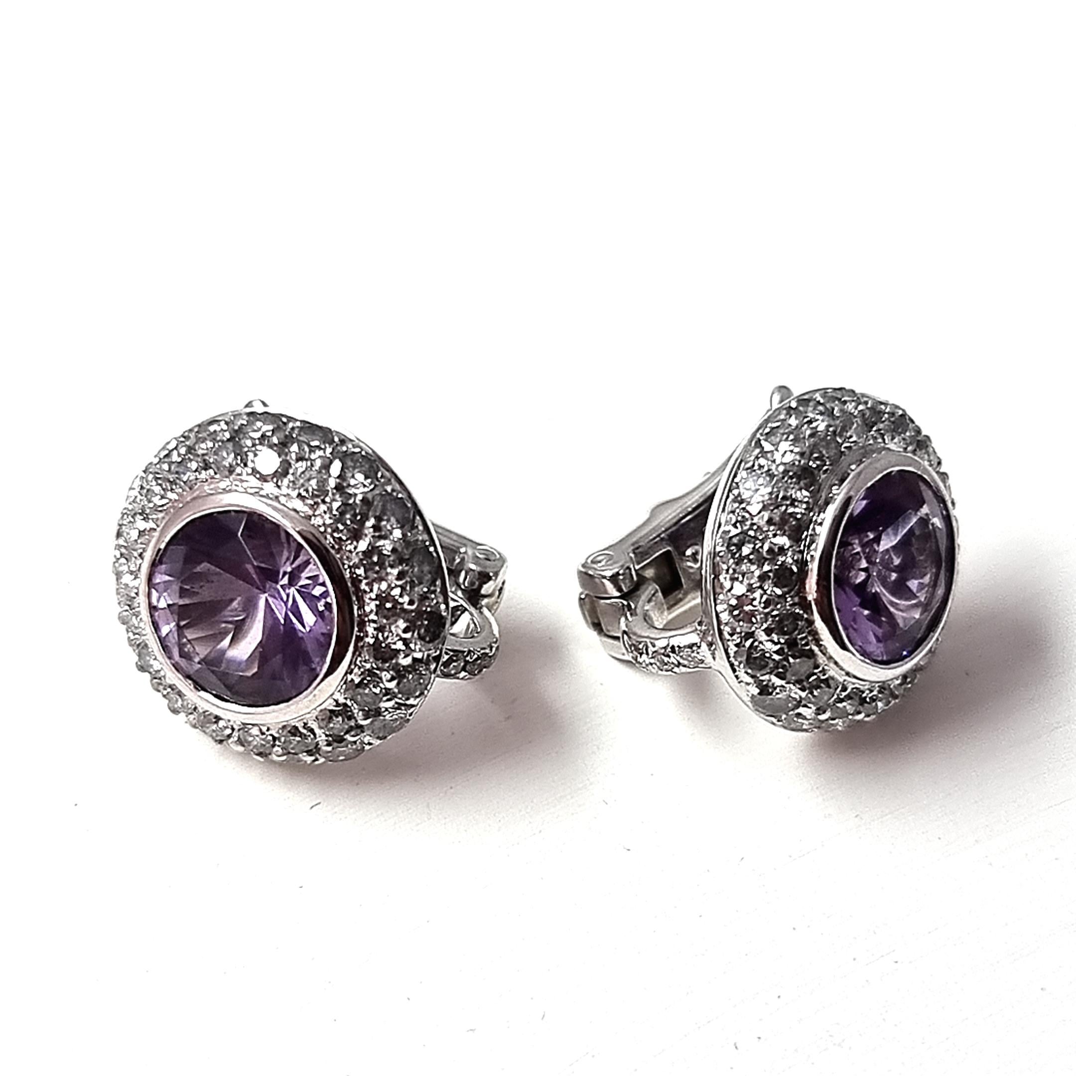 Round Cut Round Amethyst and White Diamonds Set in 18K White Gold Earrings For Sale