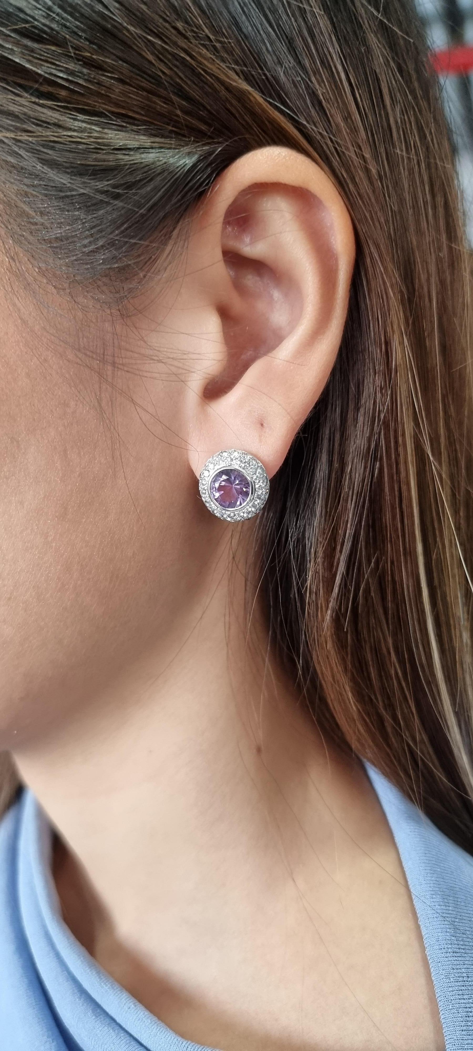 Women's Round Amethyst and White Diamonds Set in 18K White Gold Earrings For Sale