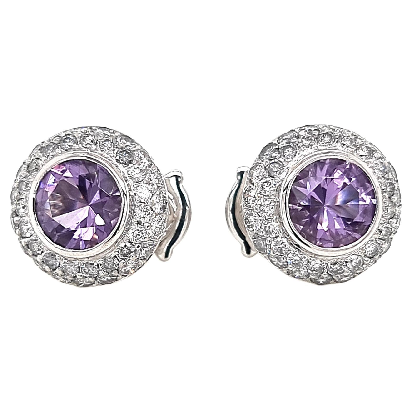 Round Amethyst and White Diamonds Set in 18K White Gold Earrings For Sale