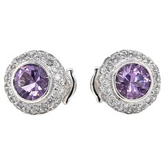 Round Amethyst and White Diamonds Set in 18K White Gold Earrings