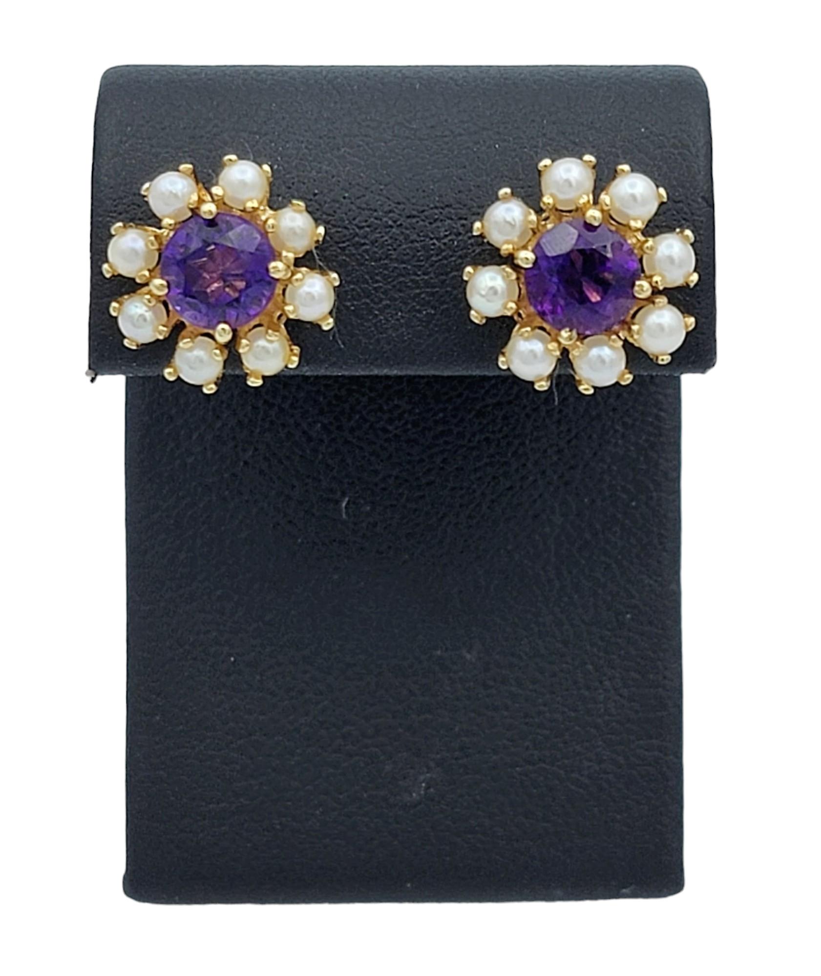 Women's Round Amethyst and White Pearl Halo Stud Earrings Set in 14 Karat Yellow Gold For Sale