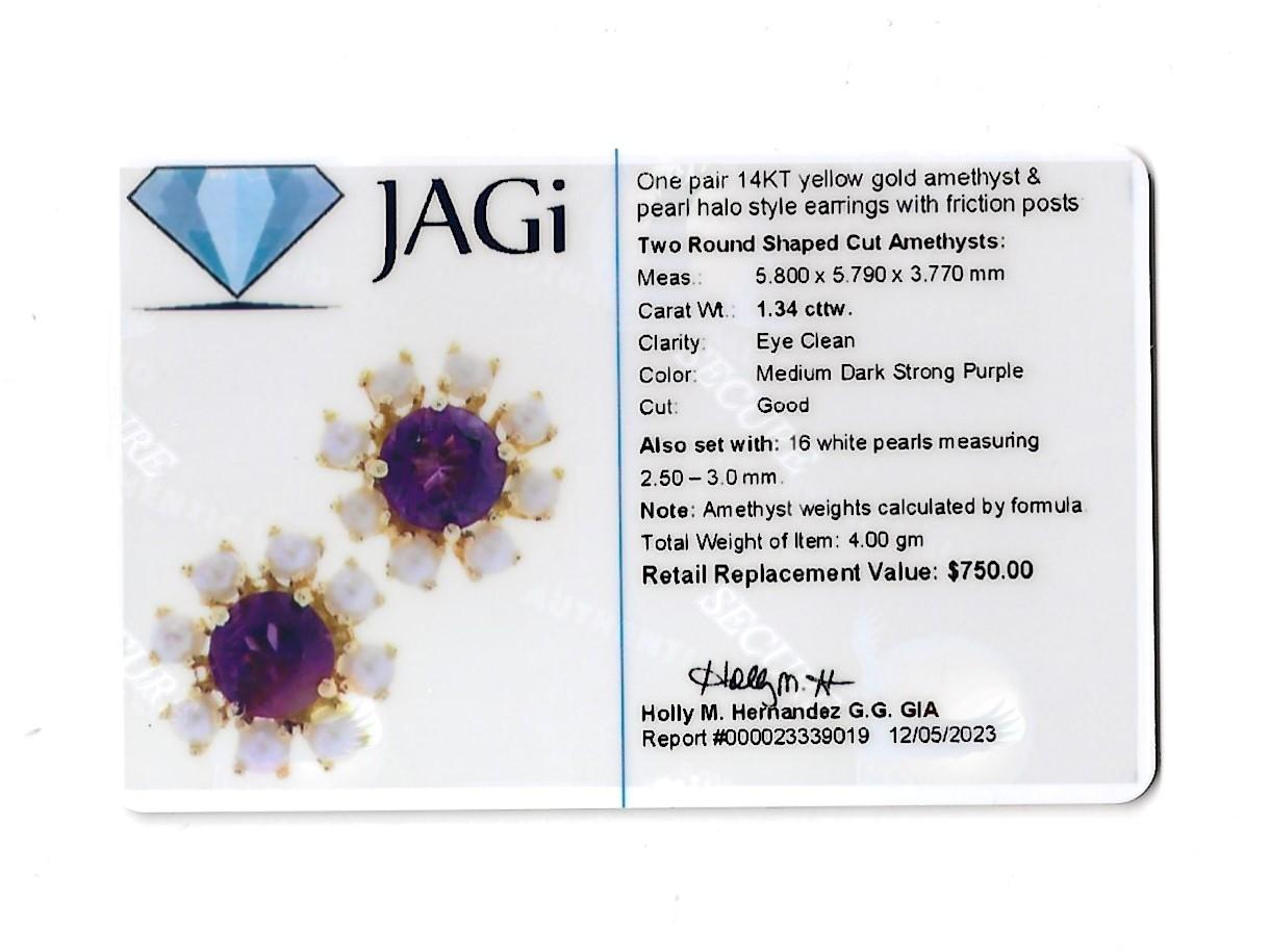Round Amethyst and White Pearl Halo Stud Earrings Set in 14 Karat Yellow Gold For Sale 1