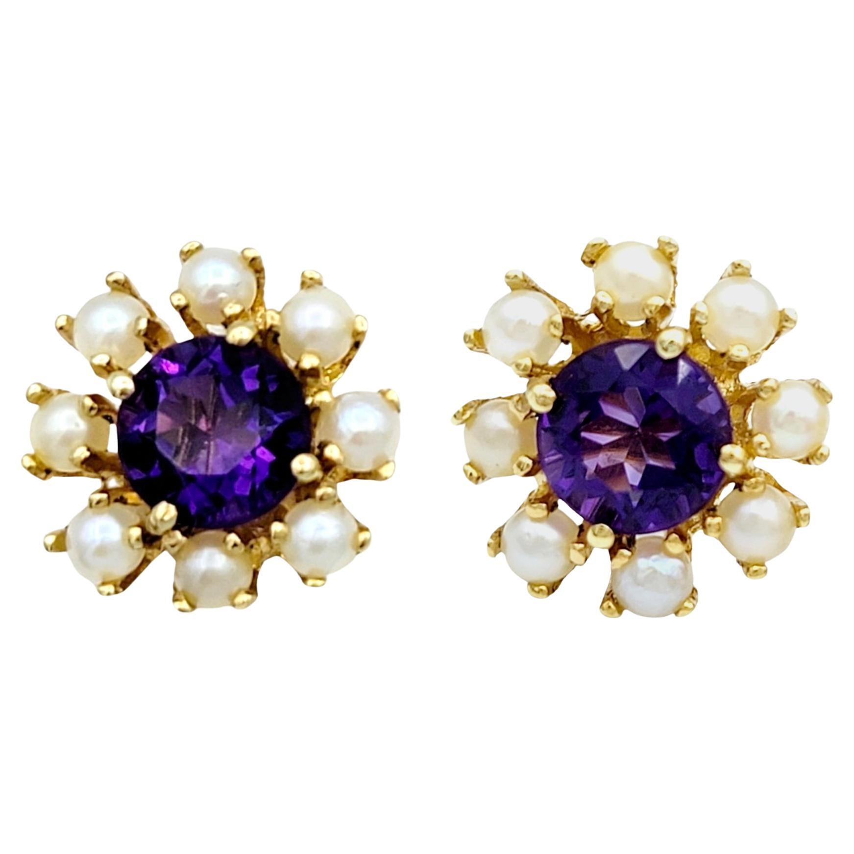 Round Amethyst and White Pearl Halo Stud Earrings Set in 14 Karat Yellow Gold