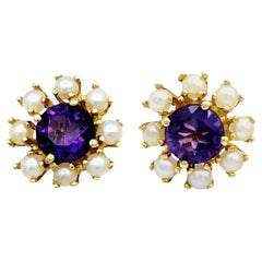 Round Amethyst and White Pearl Halo Stud Earrings Set in 14 Karat Yellow Gold
