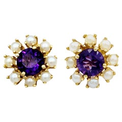 Round Amethyst and White Pearl Halo Stud Earrings Set in 14 Karat Yellow Gold
