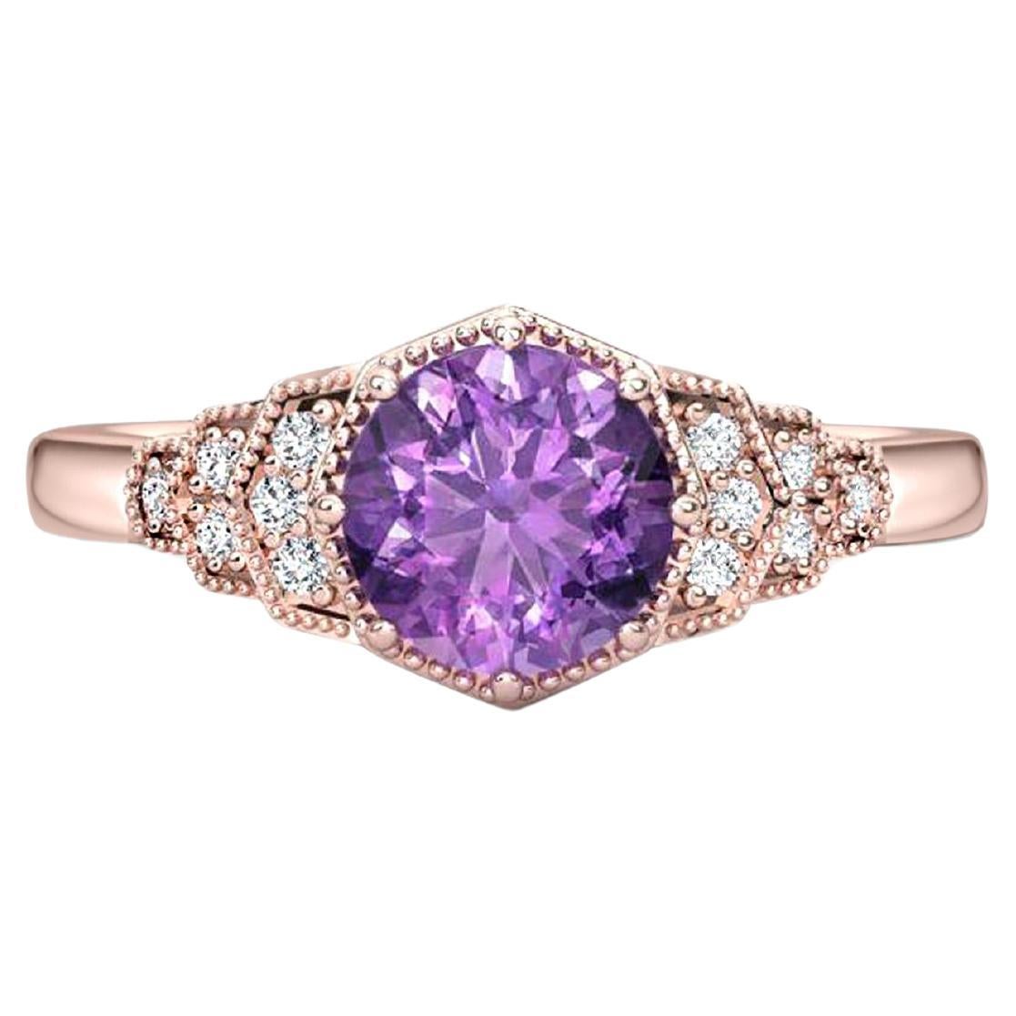 Round amethyst & colorless topazes engagement 14k gold ring