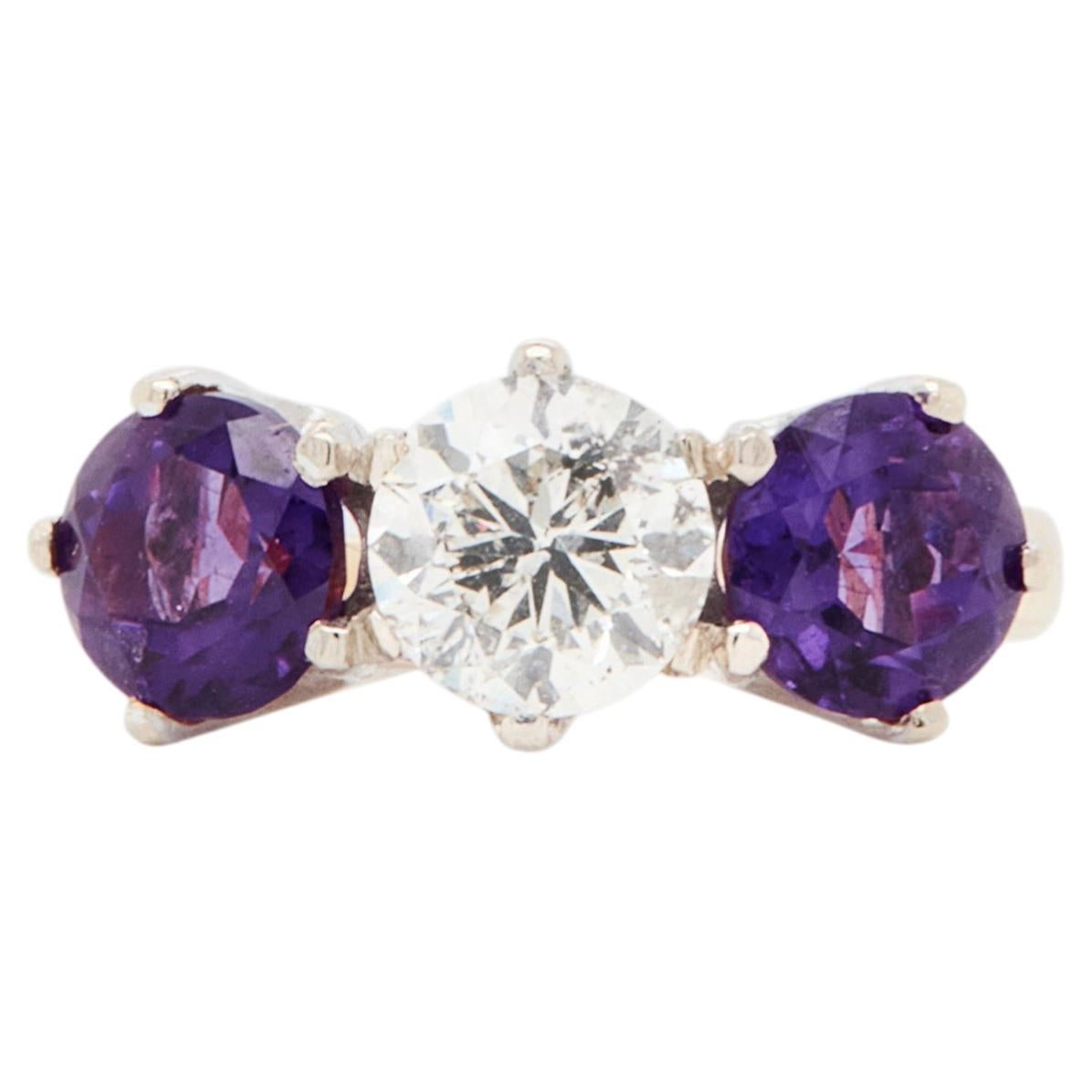Round Amethyst & Diamond 18 Carat Yellow and White Gold Three-Stone Ring For Sale