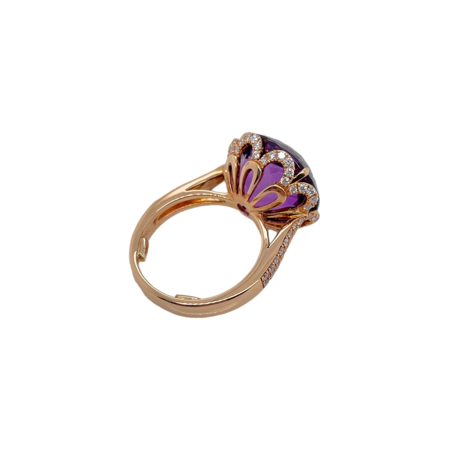 Contemporary Round Amethyst & Diamond Ring in 18K Rose Gold  For Sale