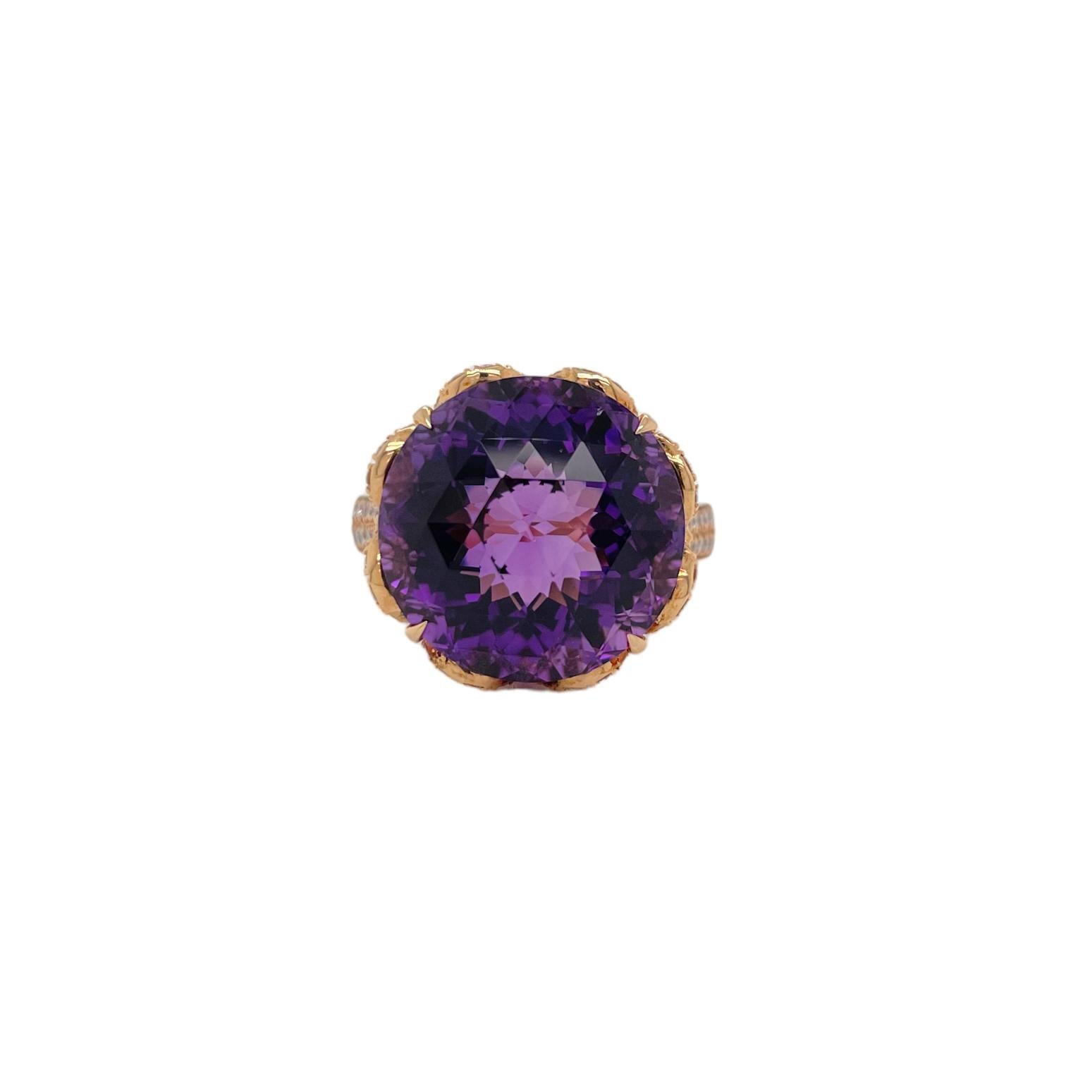 Round Cut Round Amethyst & Diamond Ring in 18K Rose Gold  For Sale