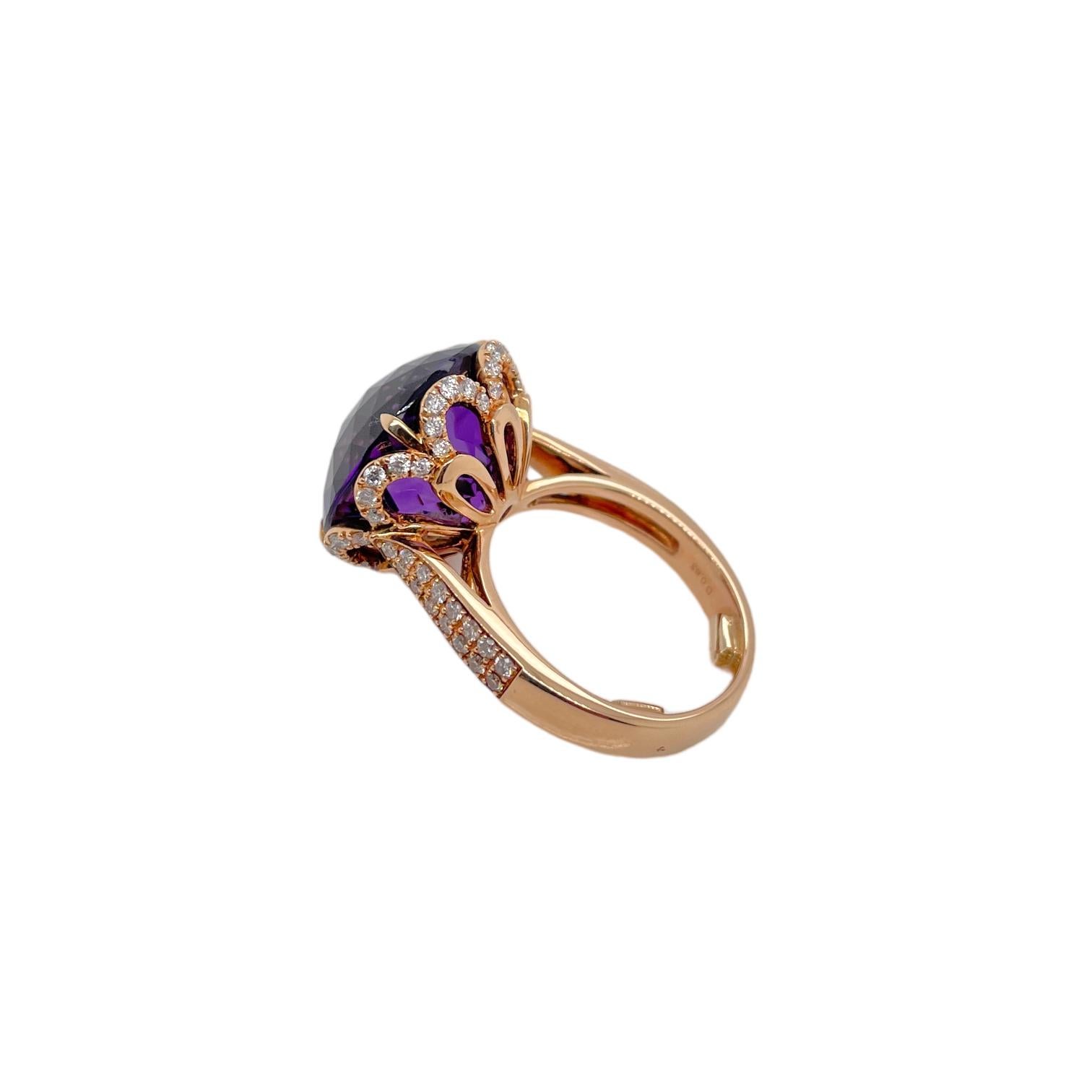 Round Amethyst & Diamond Ring in 18K Rose Gold  In New Condition For Sale In New York, NY