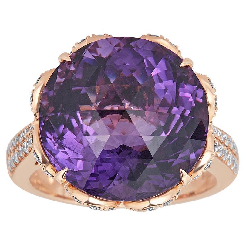 Round Amethyst & Diamond Ring in 18K Rose Gold  For Sale