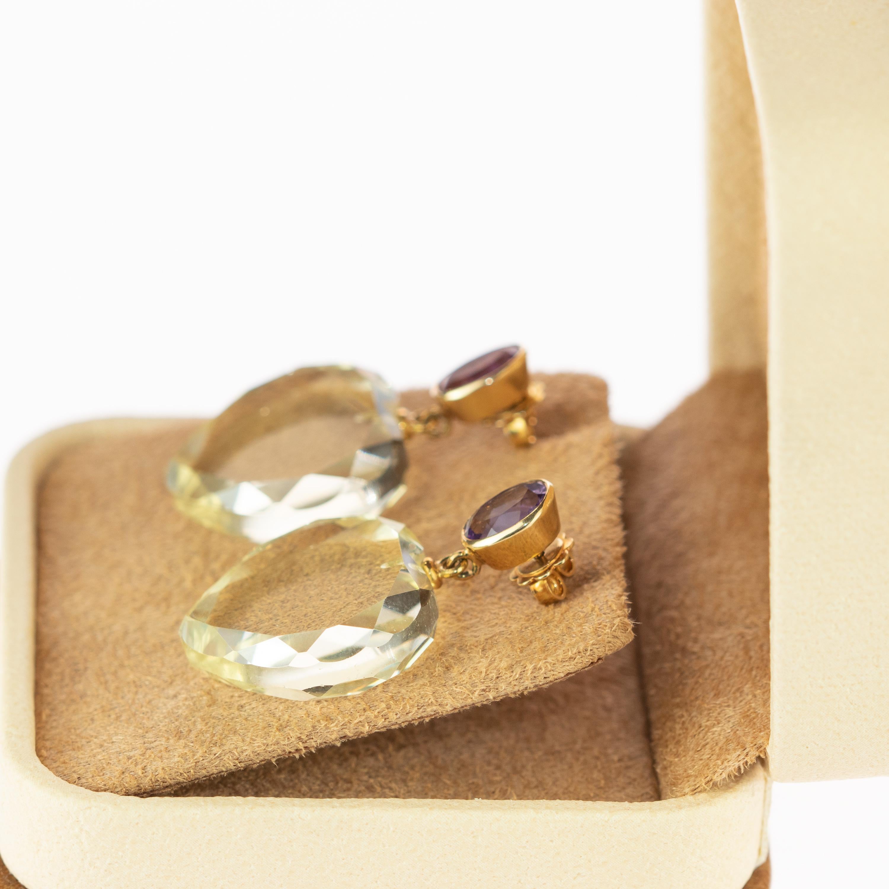 Art Nouveau Round Amethyst Heart Crystal Rock 18 Karat Yellow Gold Stud Dangle Stud Earrings
