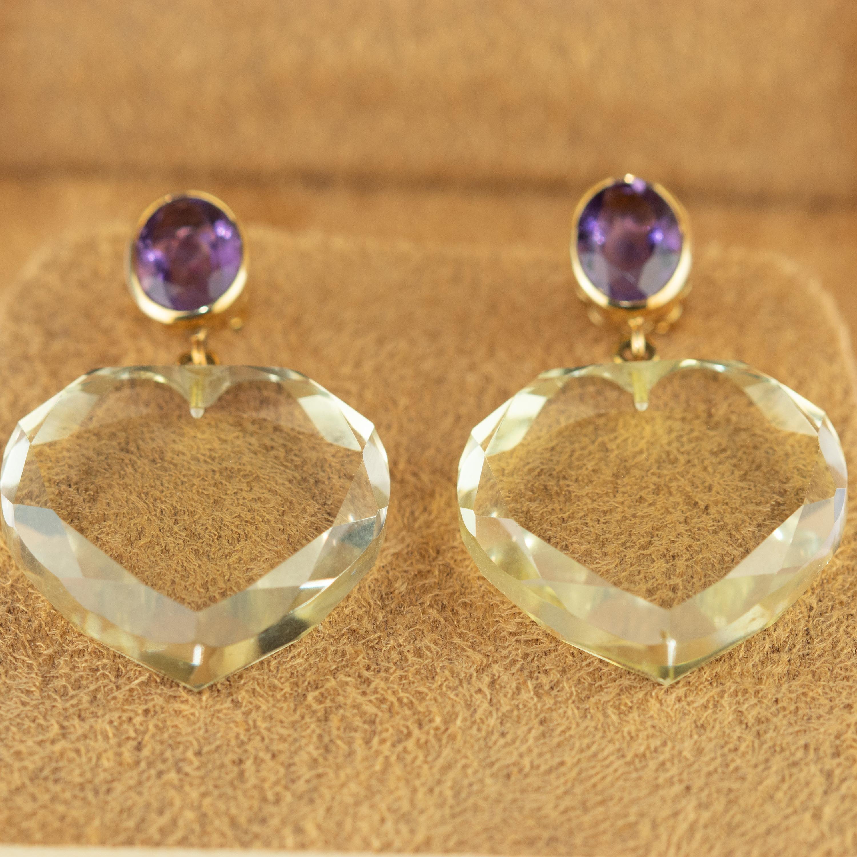 Heart Cut Round Amethyst Heart Crystal Rock 18 Karat Yellow Gold Stud Dangle Stud Earrings
