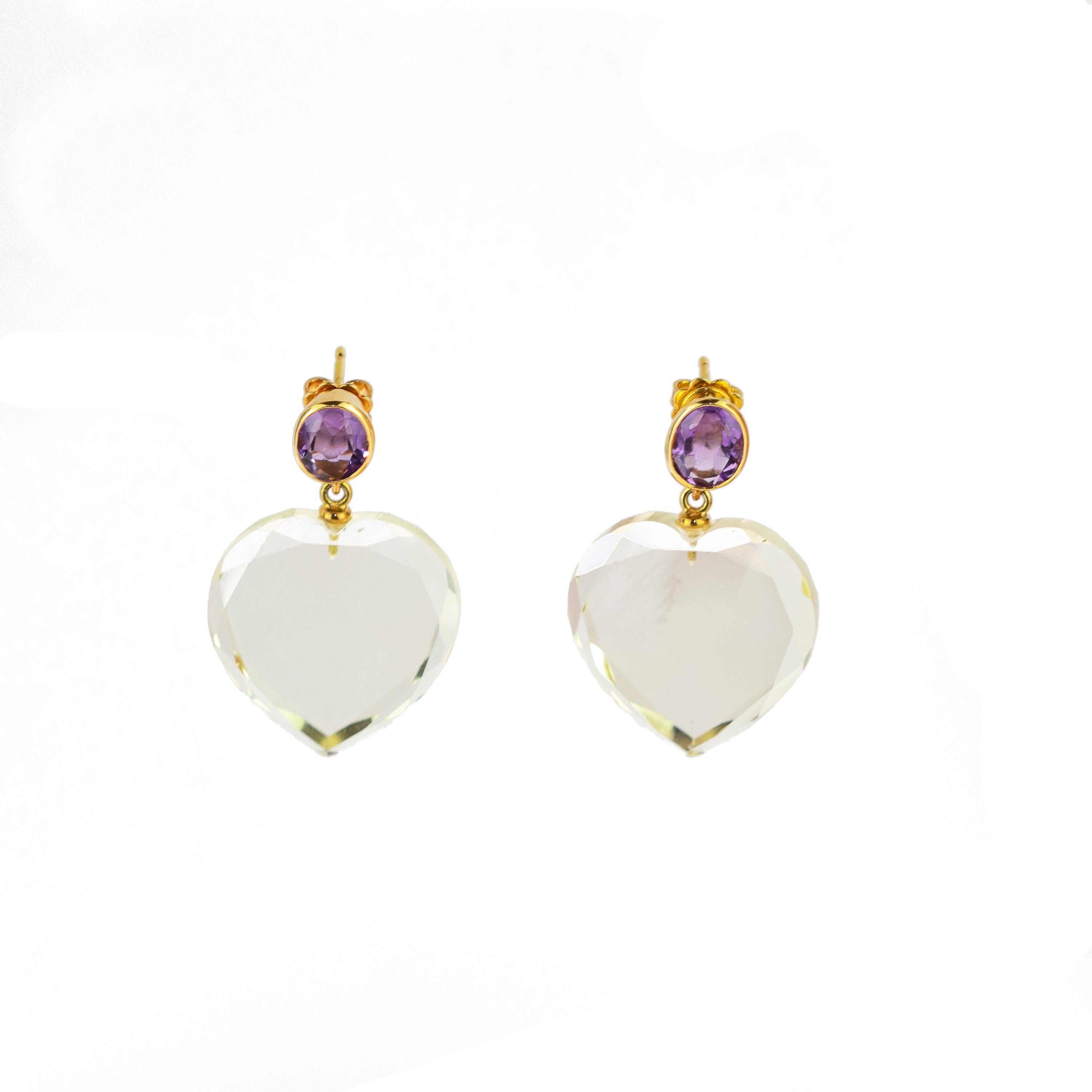 Round Amethyst Heart Crystal Rock 18 Karat Yellow Gold Stud Dangle Stud Earrings In New Condition In Milano, IT