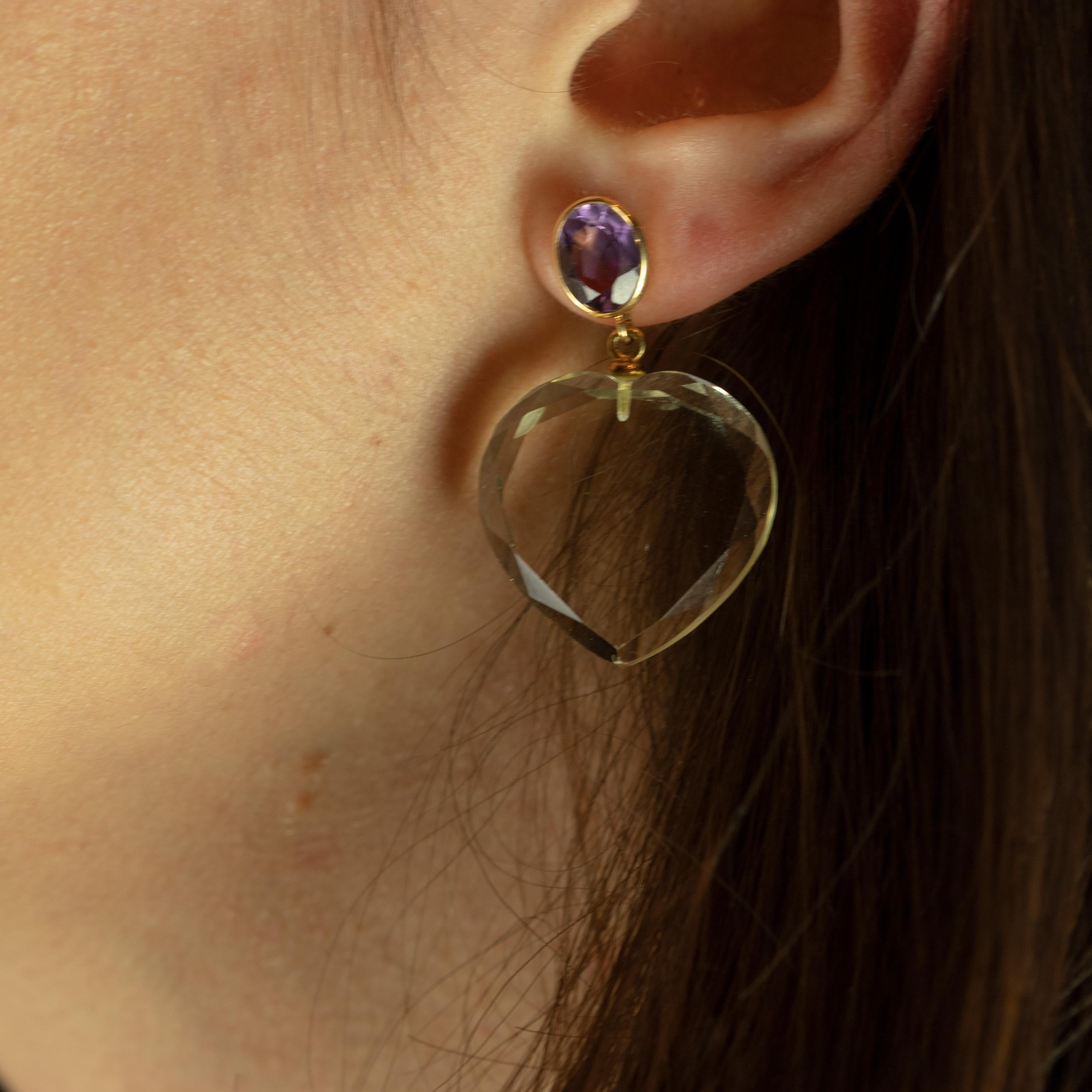 Round Amethyst Heart Crystal Rock 18 Karat Yellow Gold Stud Dangle Stud Earrings 2