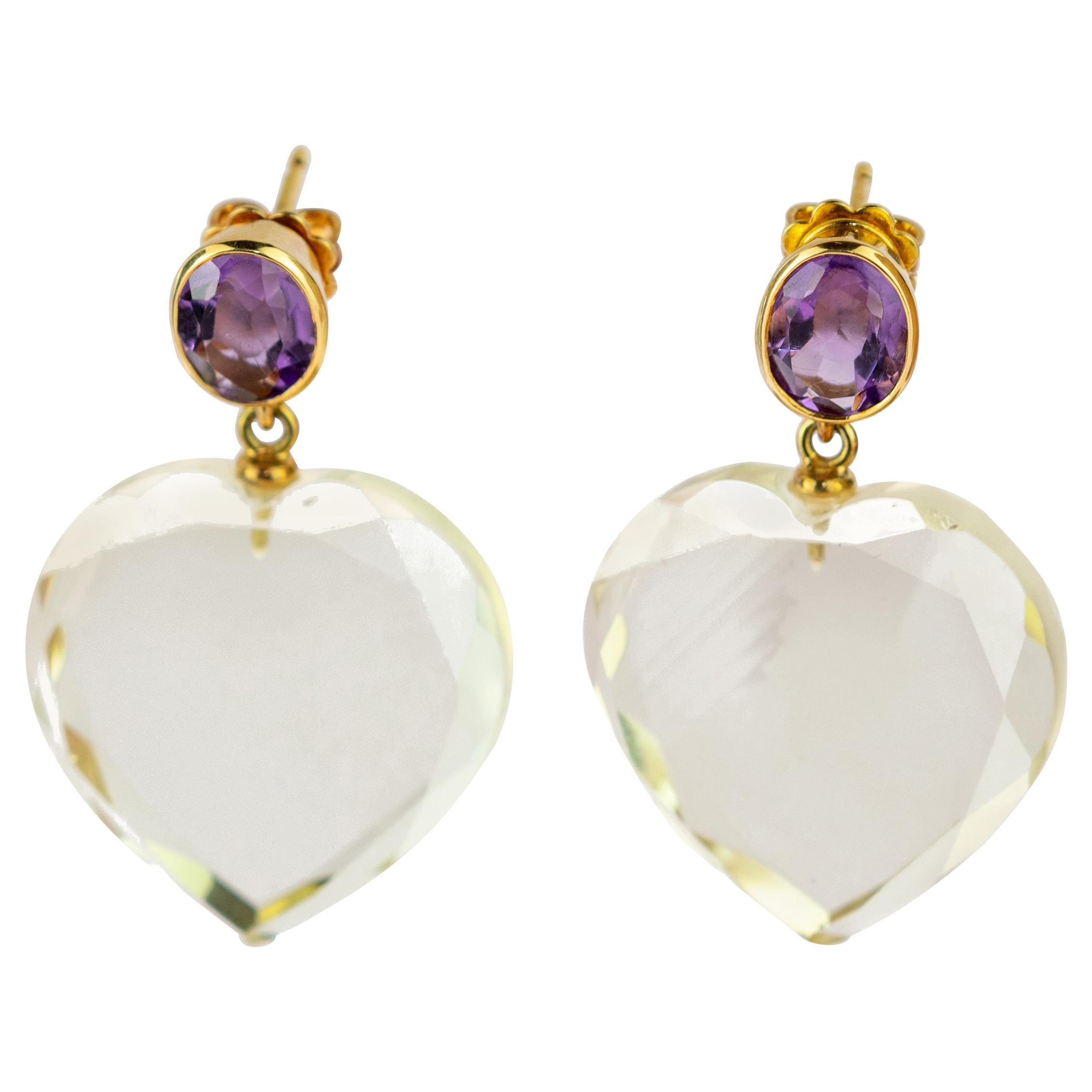 Round Amethyst Heart Crystal Rock 18 Karat Yellow Gold Stud Dangle Stud Earrings