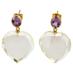 Round Amethyst Heart Crystal Rock 18 Karat Yellow Gold Stud Dangle Stud Earrings