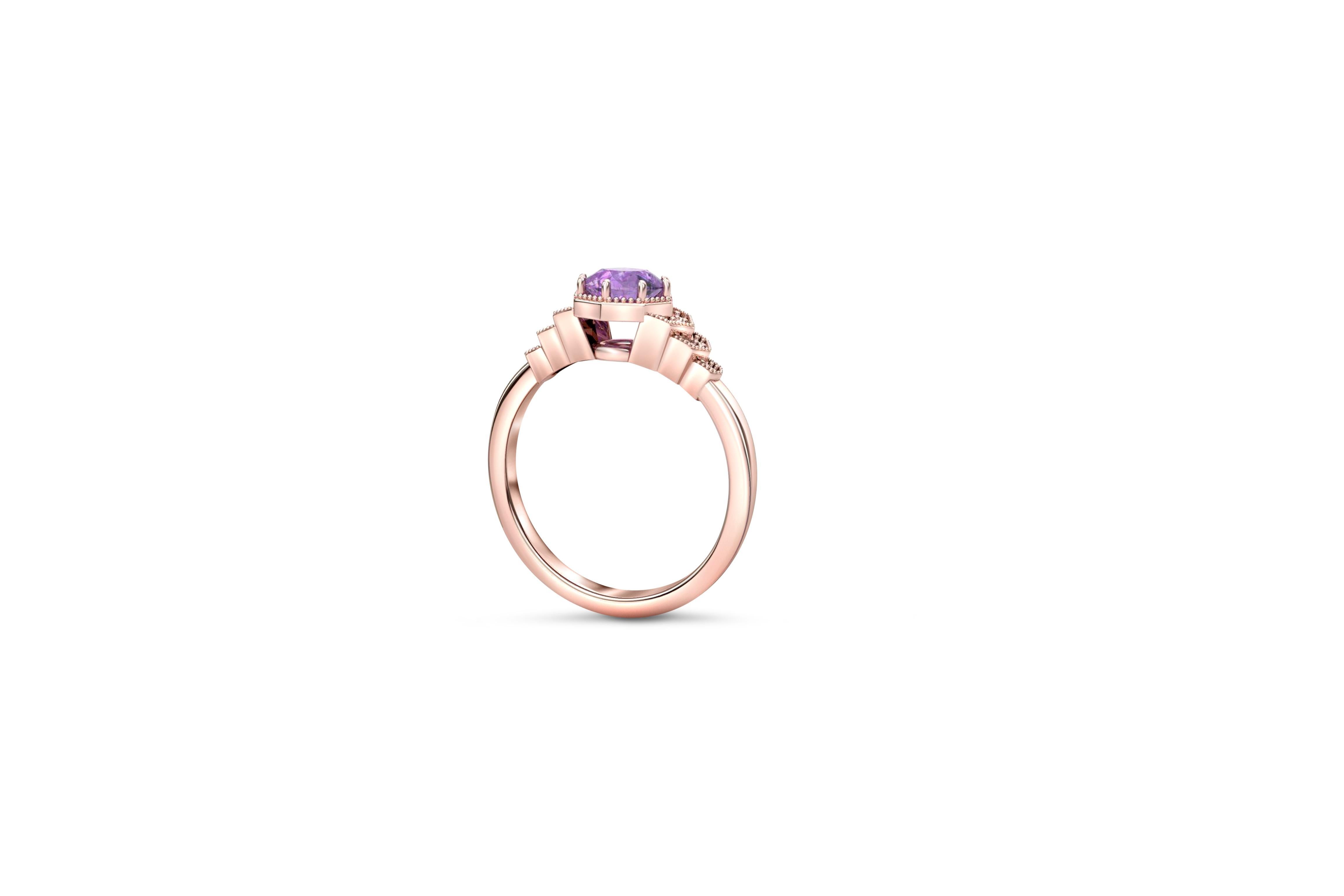 in vendita:  Anello di fidanzamento con ametista rotonda e moissaniti in oro 14k. 3