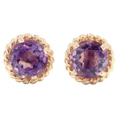 Round Amethyst Stud Earrings, 14YK Yellow Gold, February Birthstone Earrings