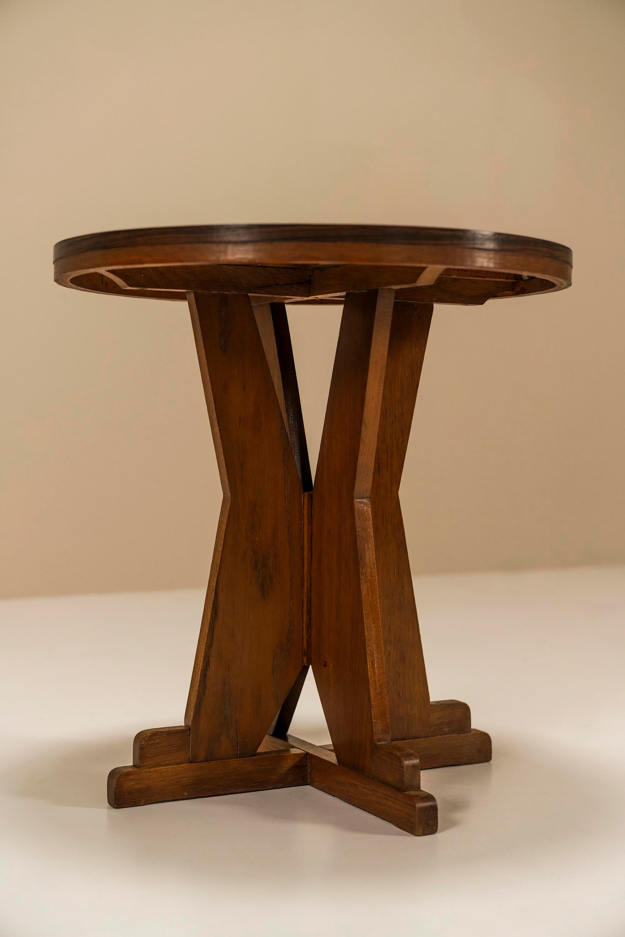 Mid-20th Century Round Amsterdam School Side Table In Oak And Ebony, Netherlands 1930s