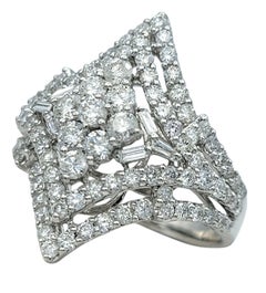 Multi Row Round & Baguette Diamond Cluster Cocktail Ring in 18 Karat White Gold