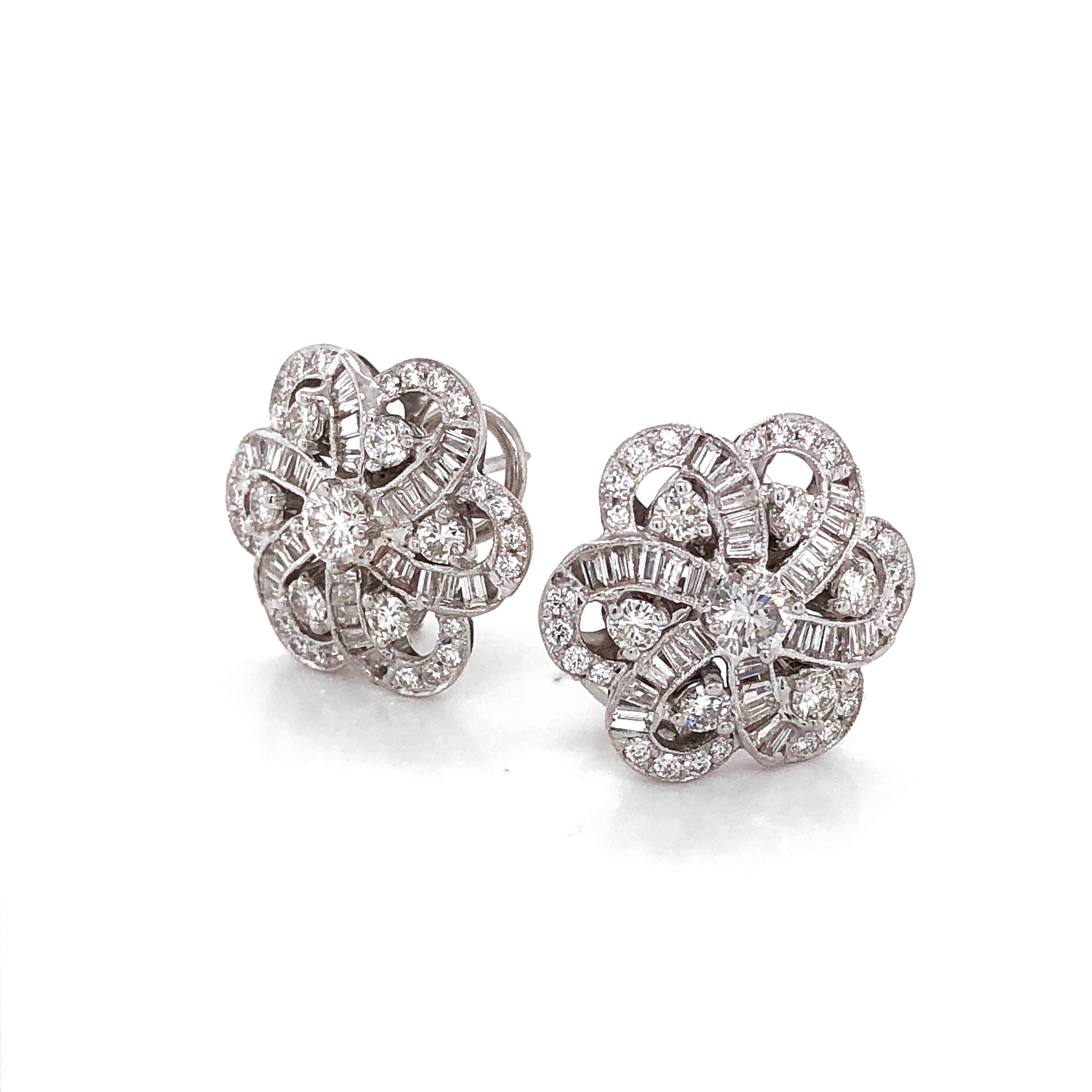 Contemporary Round and Baguette Cut Diamonds 4.37 Carat Flower Inspired 18 Karat Gold Earring For Sale