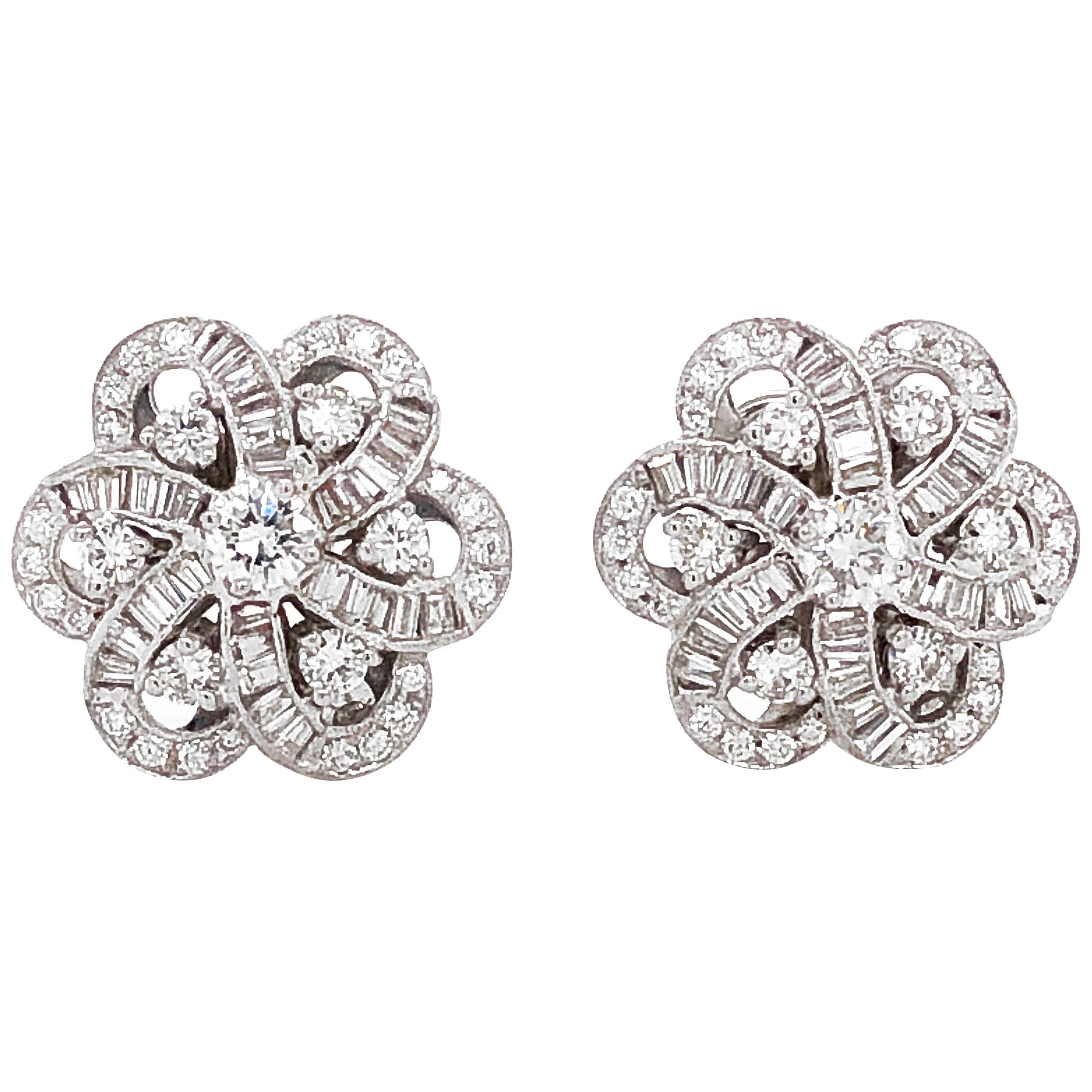 Round and Baguette Cut Diamonds 4.37 Carat Flower Inspired 18 Karat Gold Earring For Sale