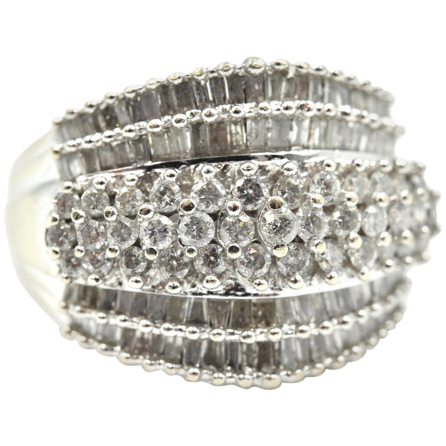 Round and Baguette Diamond Band 10 Karat White Gold