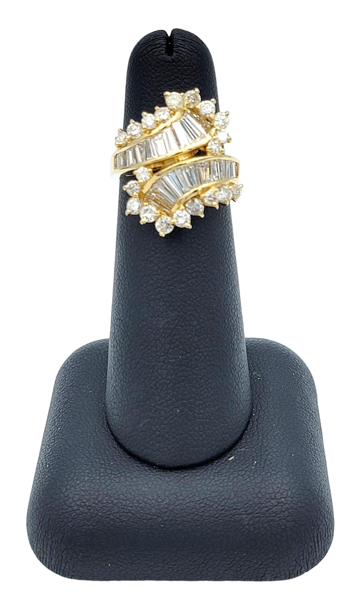 Round and Baguette Diamond Bypass Style Cocktail Ring in 14 Karat Yellow Gold For Sale 4