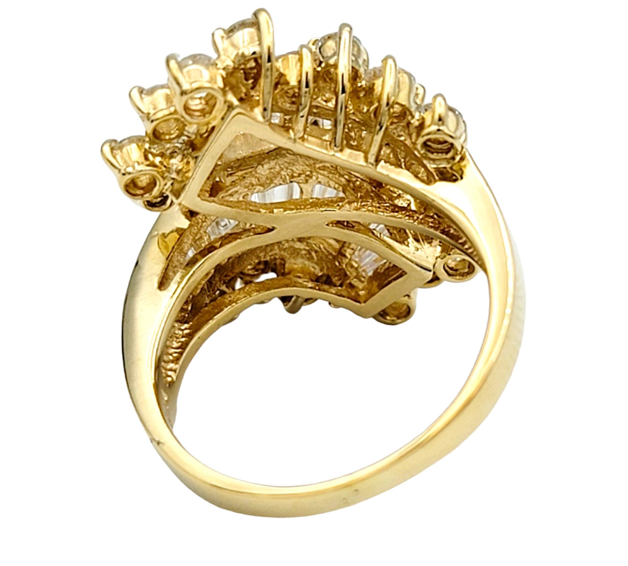 Baguette Cut Round and Baguette Diamond Bypass Style Cocktail Ring in 14 Karat Yellow Gold For Sale