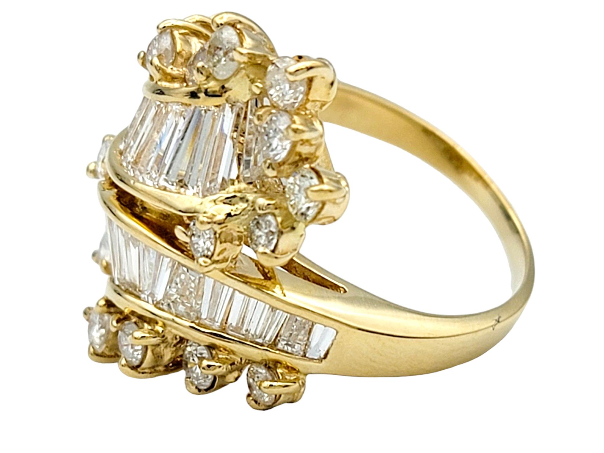 Round and Baguette Diamond Bypass Style Cocktail Ring in 14 Karat Yellow Gold In Good Condition For Sale In Scottsdale, AZ