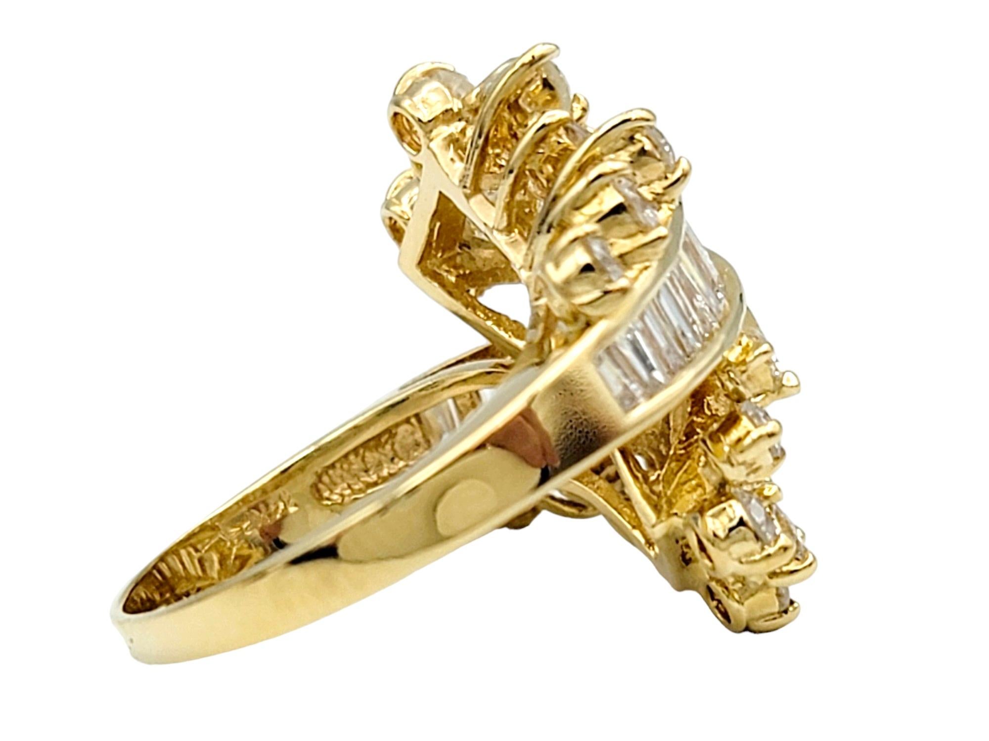 Women's Round and Baguette Diamond Bypass Style Cocktail Ring in 14 Karat Yellow Gold For Sale