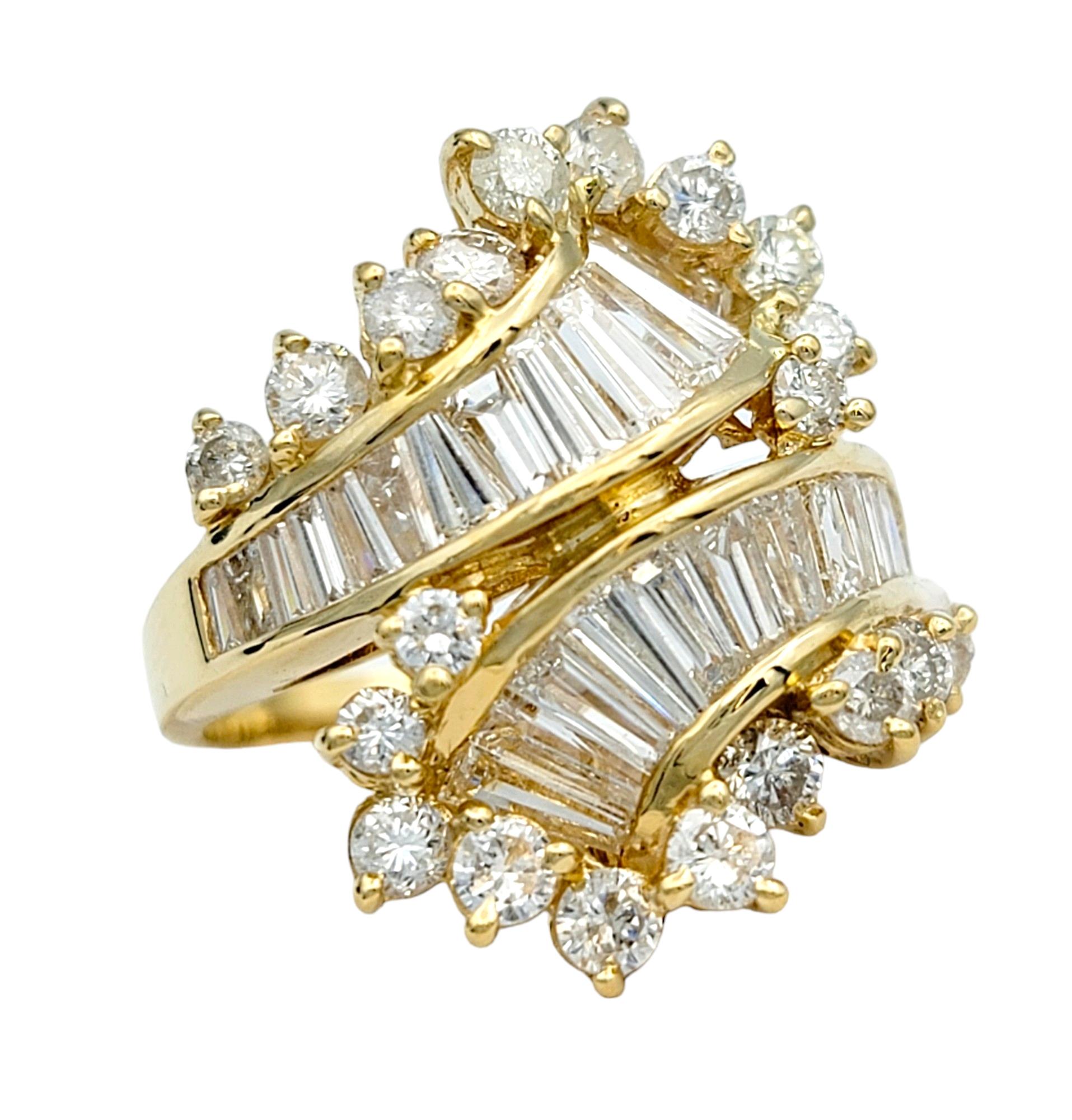 Round and Baguette Diamond Bypass Style Cocktail Ring in 14 Karat Yellow Gold For Sale 2